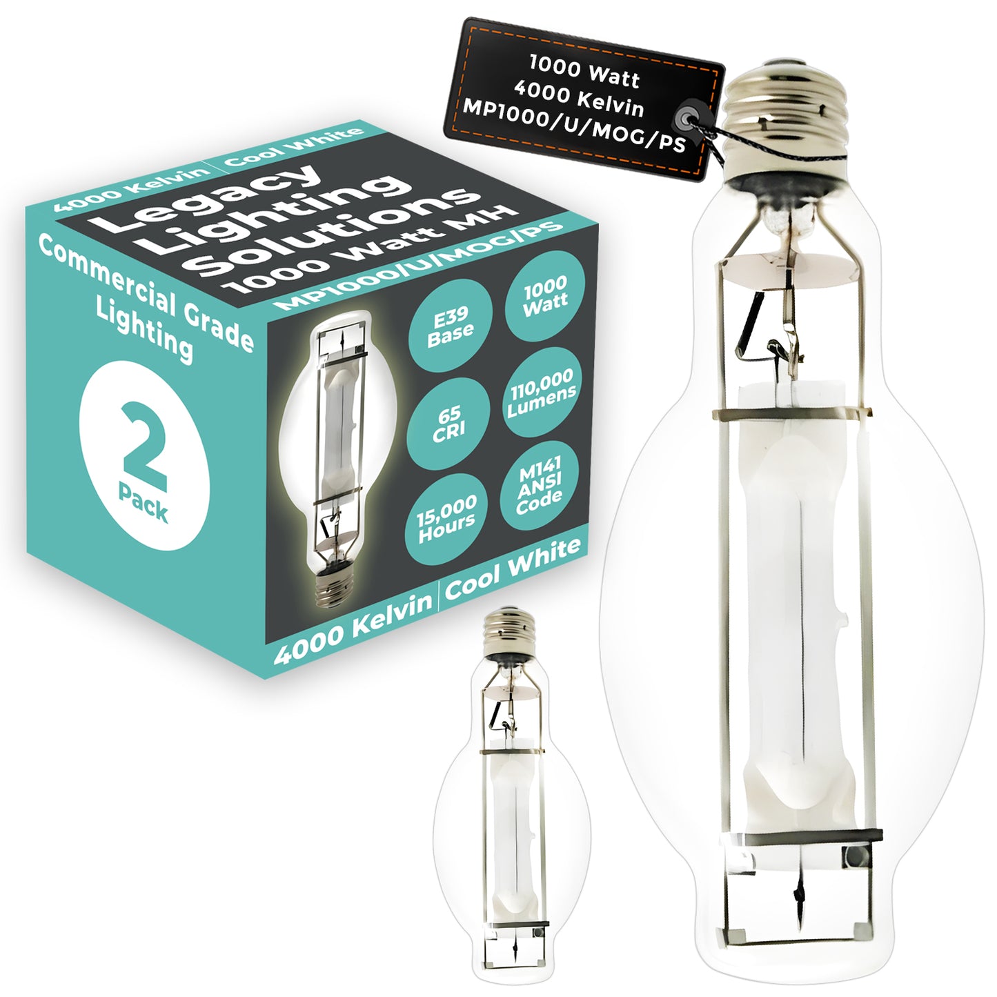 1000 Watt Metal Halide HID Light Bulb - E39 Mogul Base - Clear - 4000K Cool White - 110,000 Lumens - 12,000 Hours