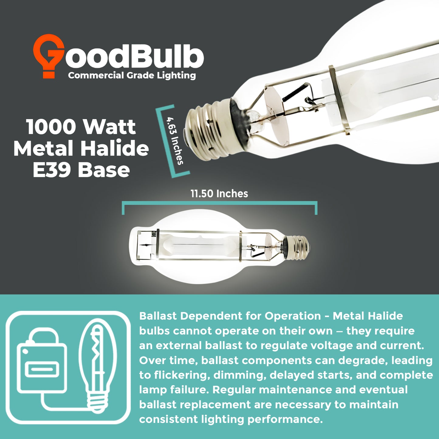 MP1000/U/MOG/PS metal halide lamp dimensions diagram with length and diameter measurements