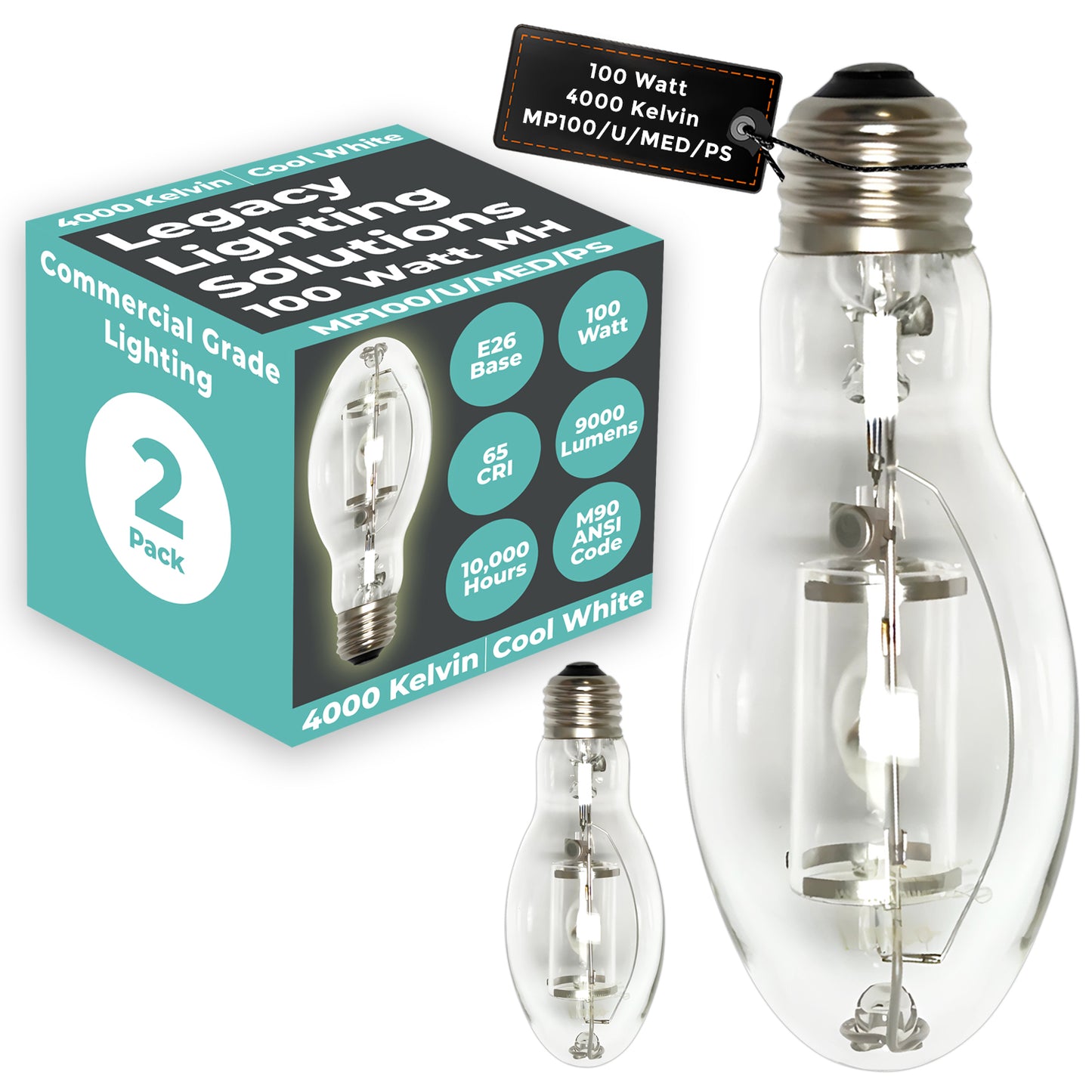 100 Watt Metal Halide HID Light Bulb - E26 Medium Base - Clear - 4000K Cool White - 9000 Lumens - 15,000 Hours