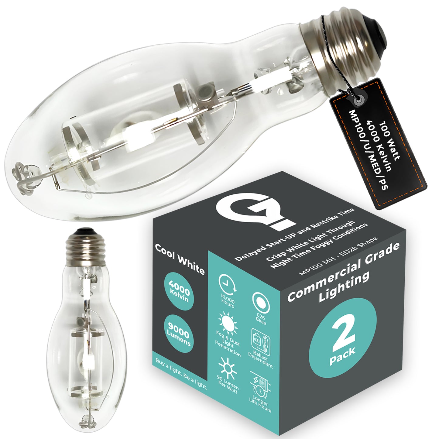 Side view of MP100/U/MED/PS metal halide bulb showing ED17 clear glass and medium screw base