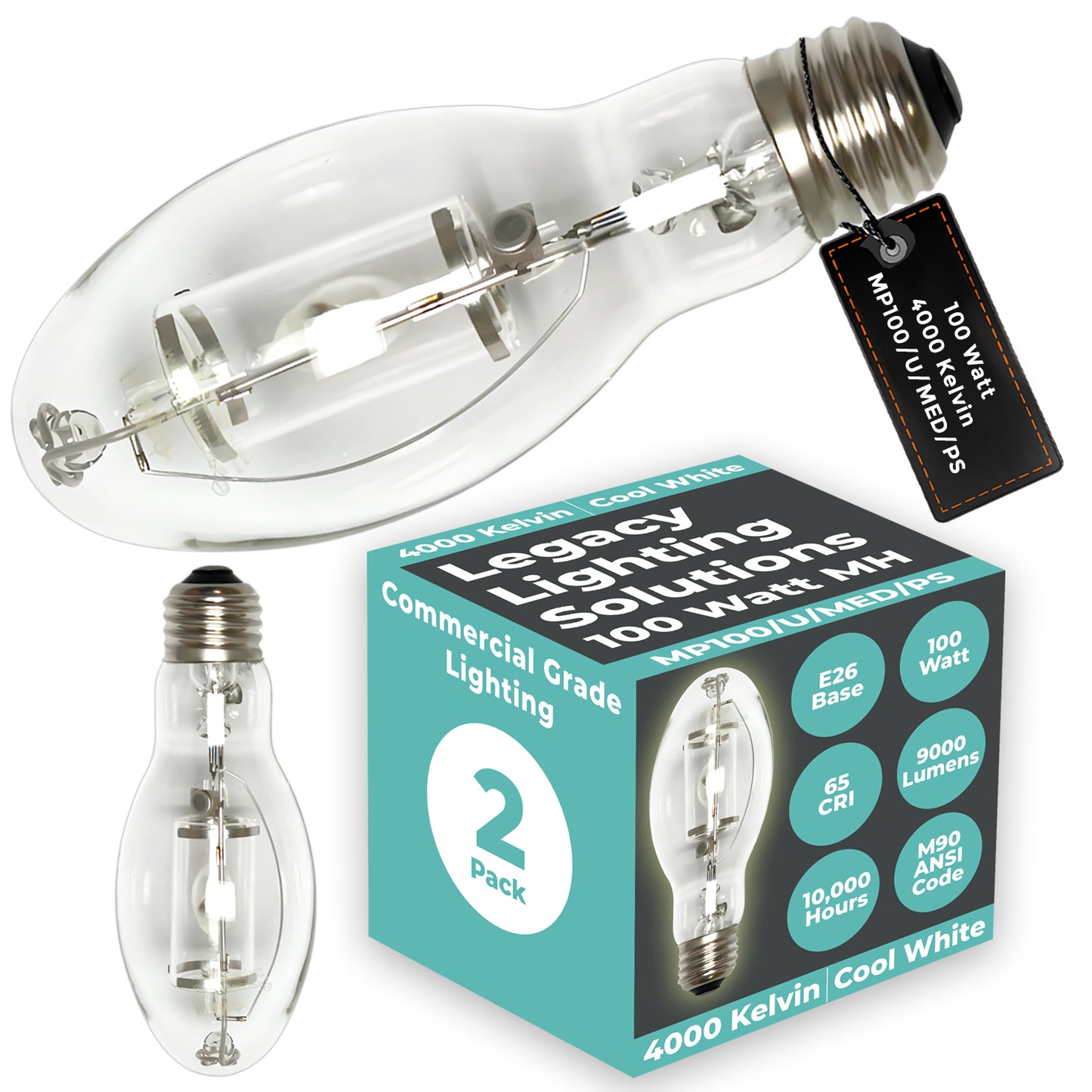 Side view of MP100/U/MED/PS metal halide bulb showing ED17 clear glass and medium screw base
