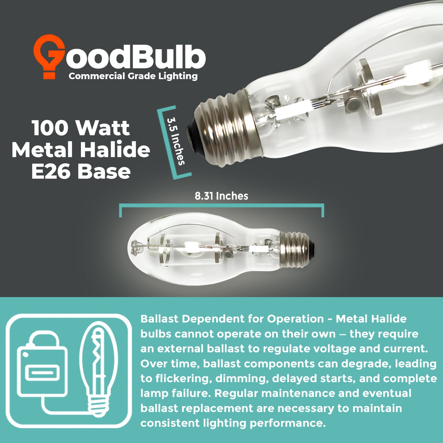 Dimensions diagram of MP100/U/MED/PS metal halide lamp with length and width measurements