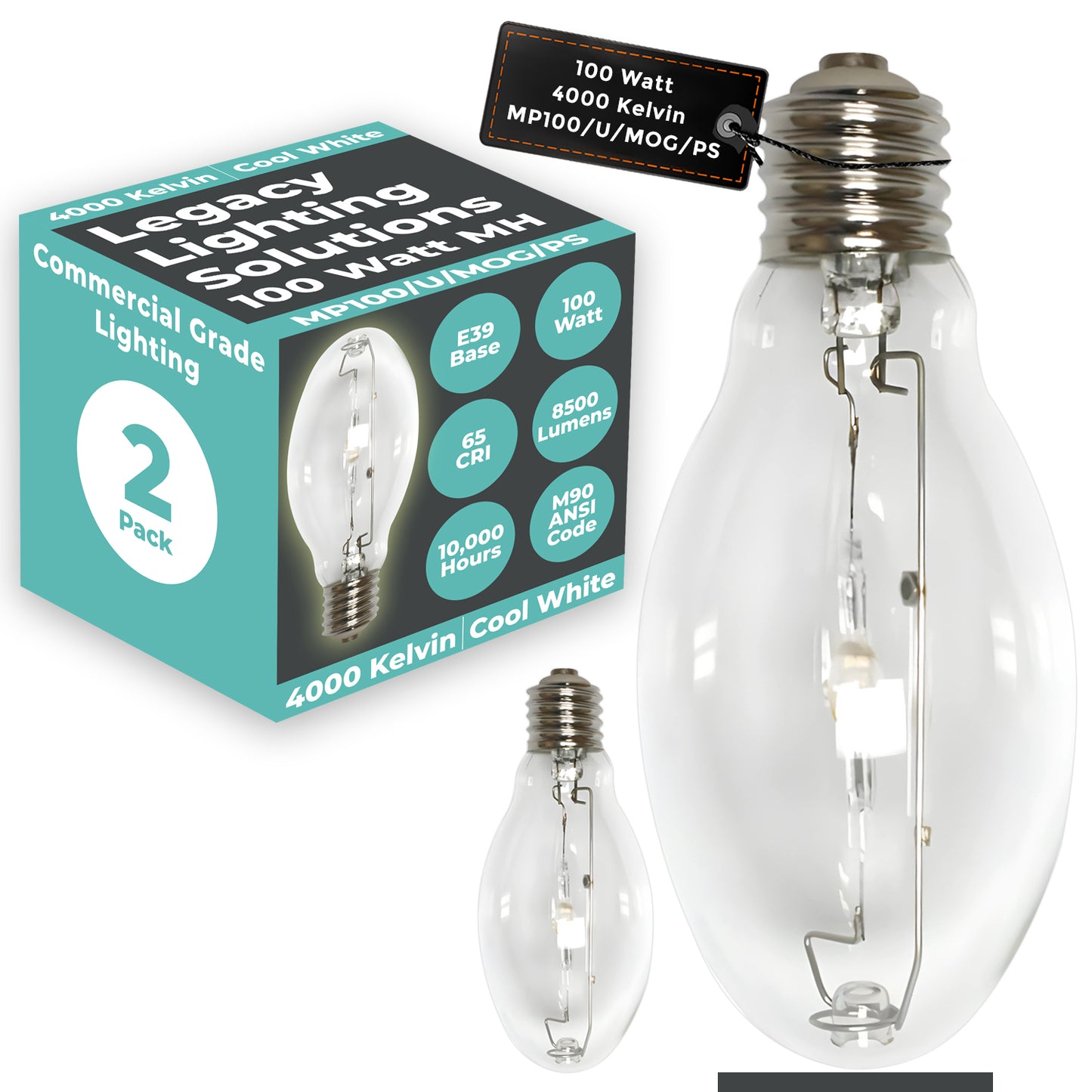 100 Watt Metal Halide HID Light Bulb - E39 Mogul Base - Clear - 4000K Cool White - 8500 Lumens - 15,000 Hours