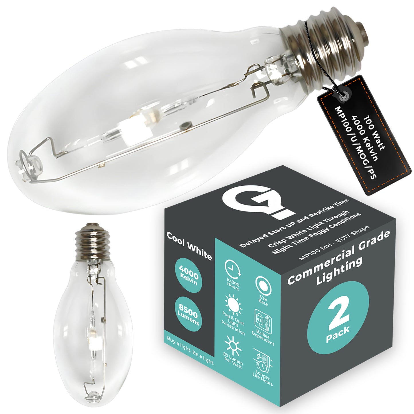 Side view of MP100/U/MOG/PS ED17 clear metal halide bulb showing mogul screw base and compact shape