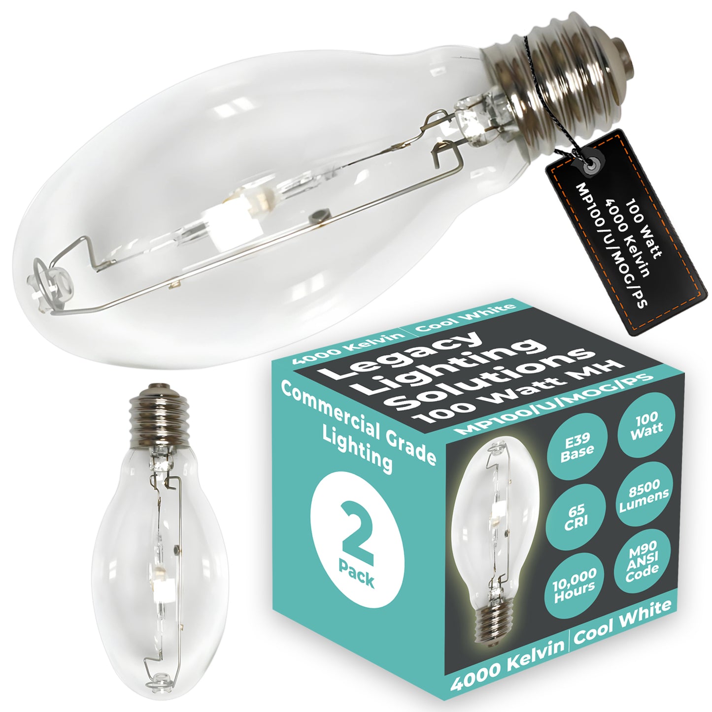Side view of MP100/U/MOG/PS ED17 clear metal halide bulb showing mogul screw base and compact shape