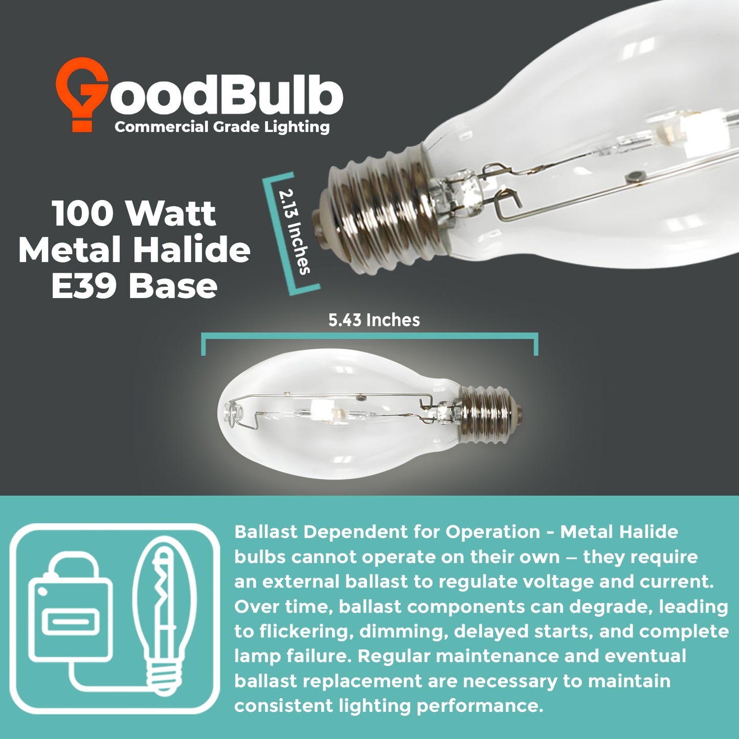 Dimensions chart of MP100/U/MOG/PS ED17 clear metal halide lamp with length and diameter measurements