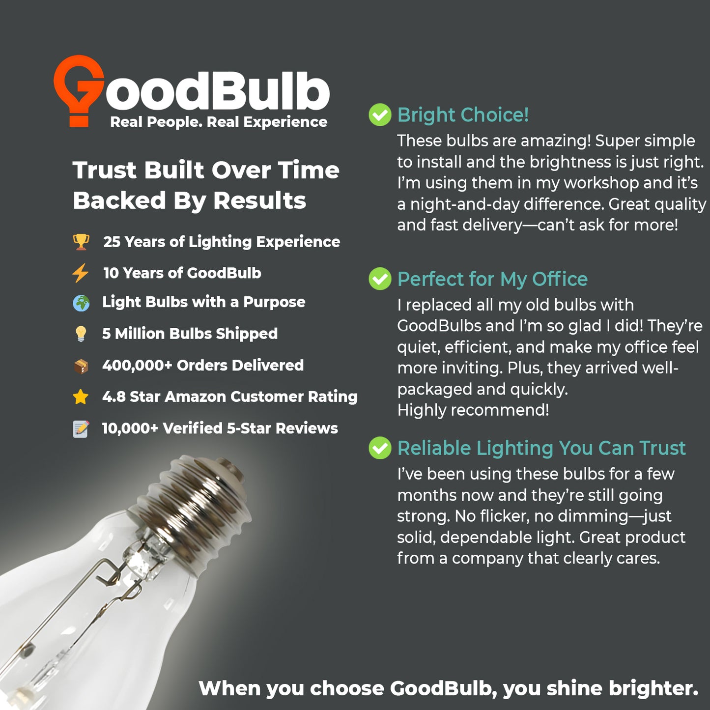 Positive testimonial for MP100/U/MOG/PS ED17 clear metal halide bulb highlighting performance and longevity