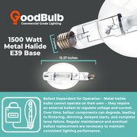 MP1500/U/MOG/PS metal halide lamp dimensions diagram with length and diameter measurements