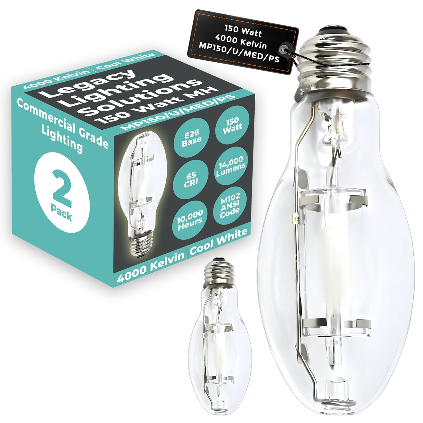 150 Watt Metal Halide HID Light Bulb - E26 Medium Base - Clear - 4000K Cool White - 14,000 Lumens - 10,000 Hours