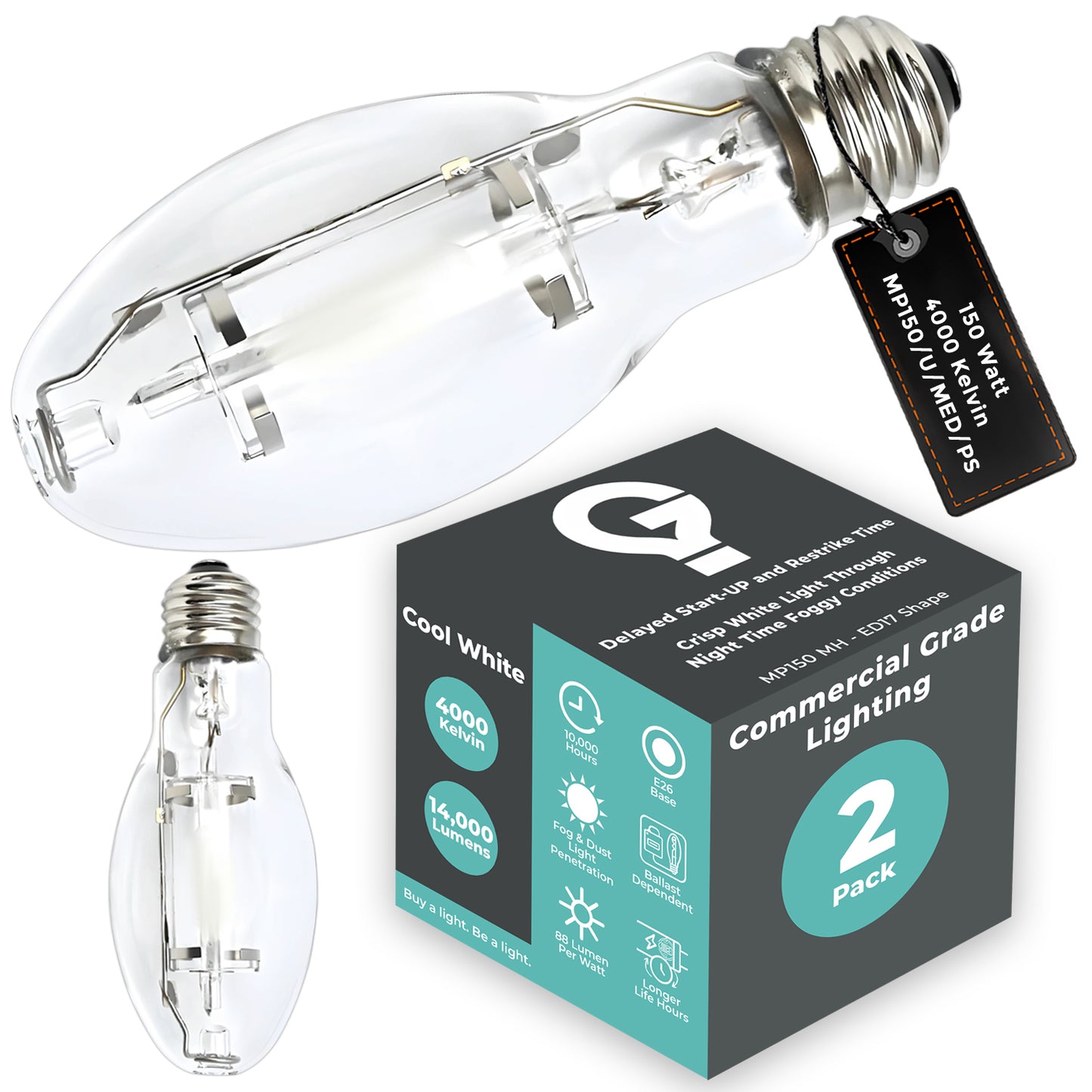 Side view of MP150/U/MED/PS metal halide bulb showing ED17 clear glass and medium screw base design