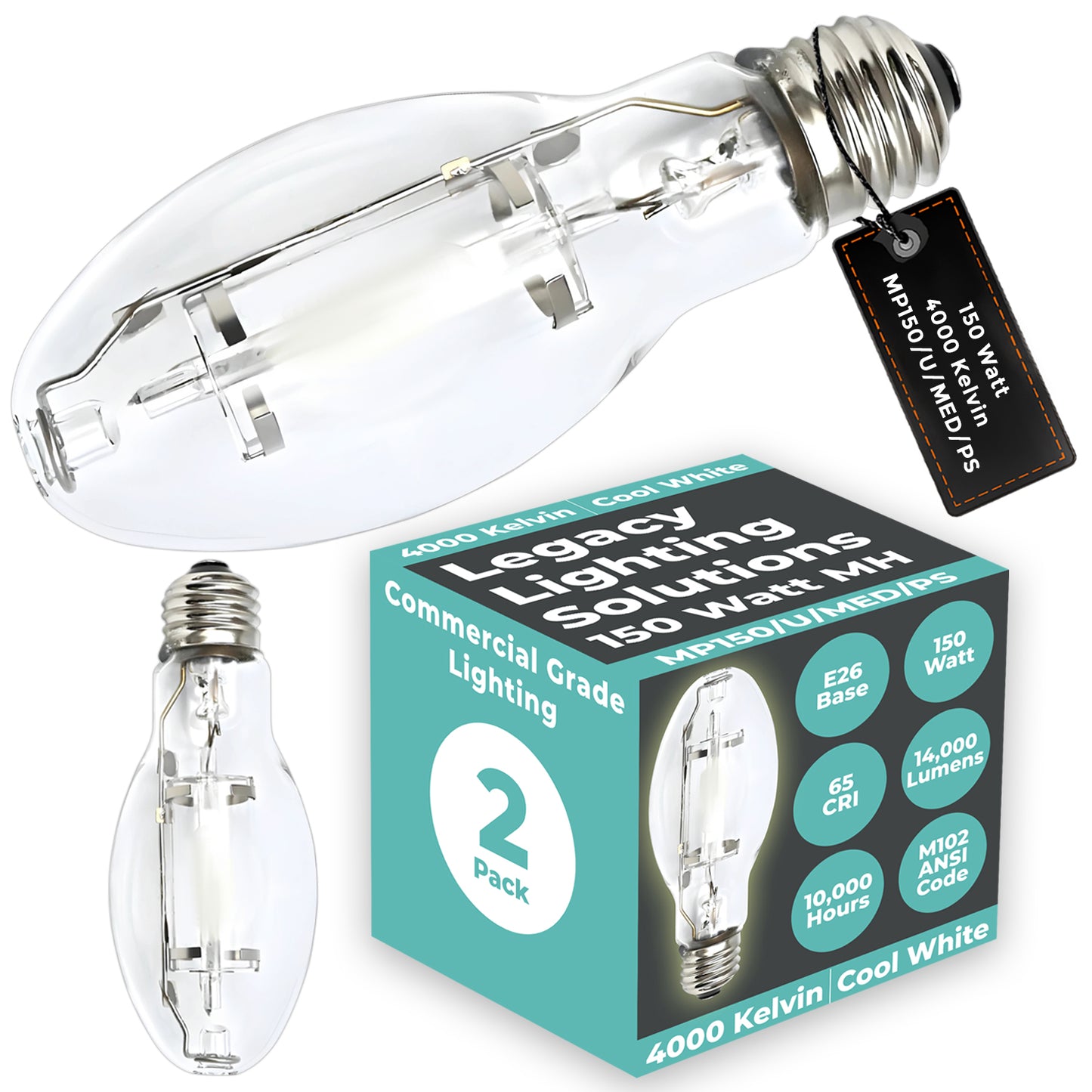Side view of MP150/U/MED/PS metal halide bulb showing ED17 clear glass and medium screw base design