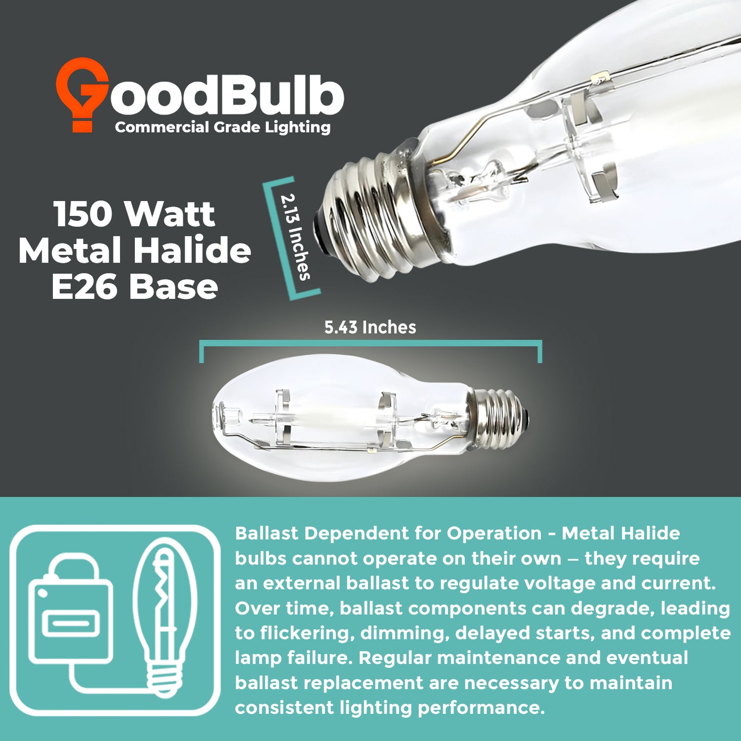 MP150/U/MED/PS metal halide lamp dimensions diagram with length and diameter measurements
