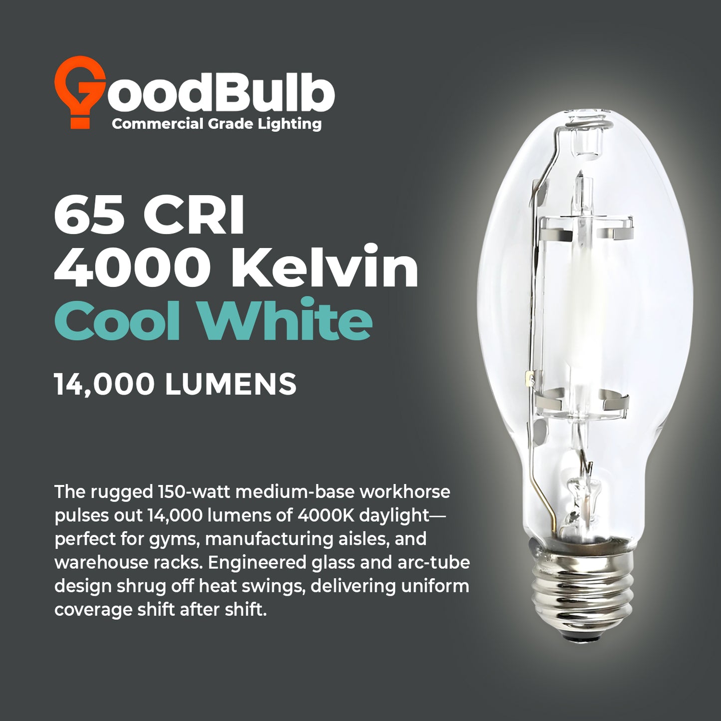 4000K bright white light color temperature of MP150/U/MED/PS metal halide lamp for crisp illumination