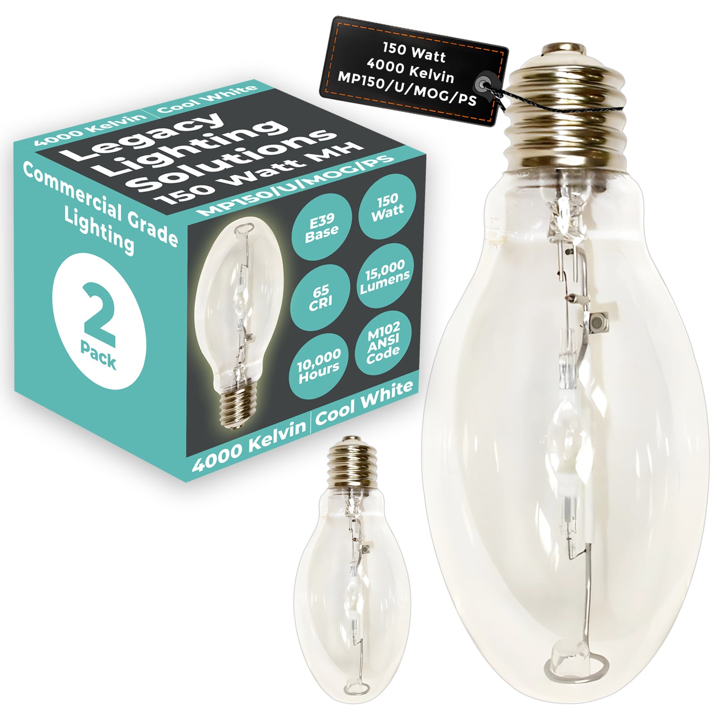 150 Watt Metal Halide HID Light Bulb - E39 Mogul Base - Clear - 4000K Cool White -15,000 Lumens - 15,000 Hours