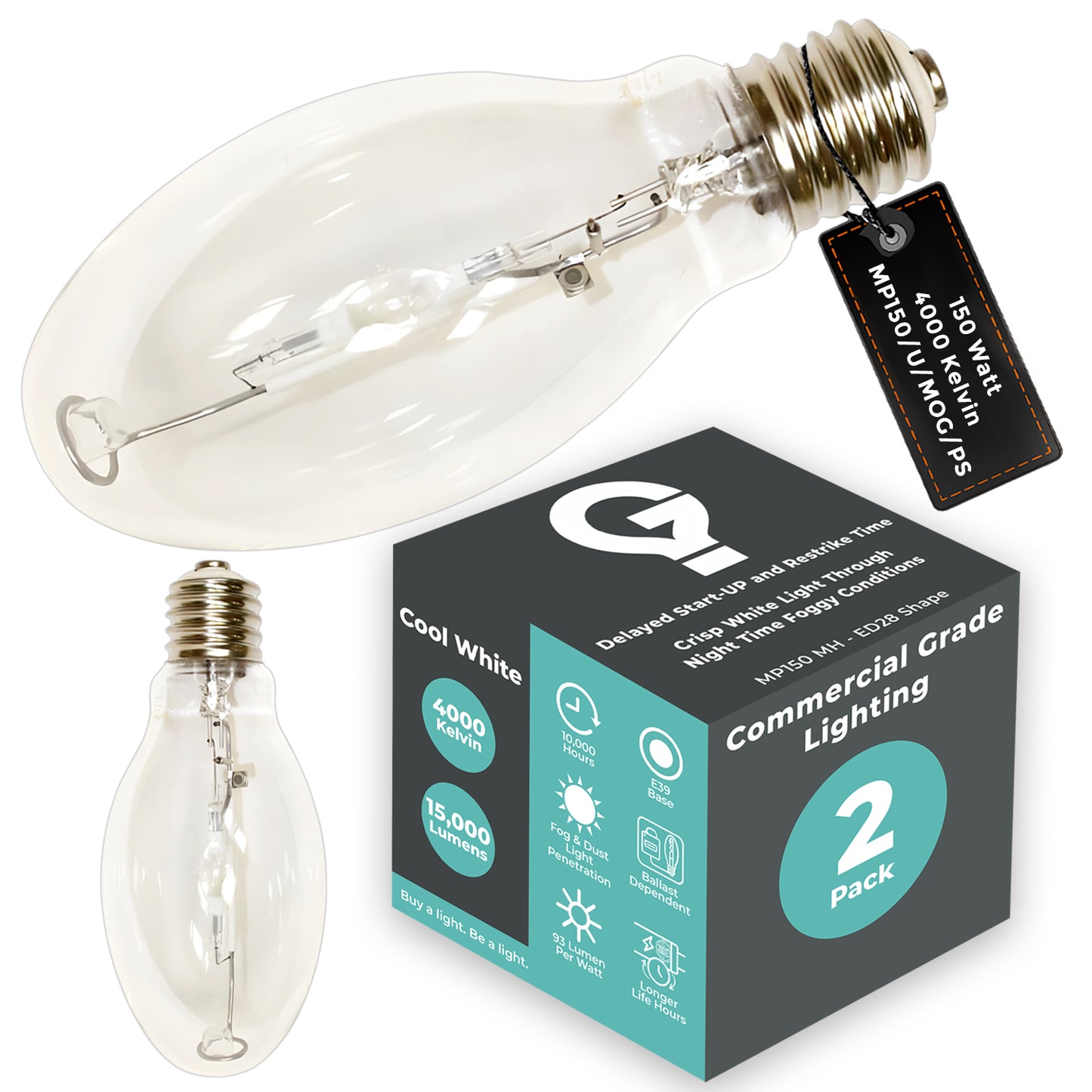 Side view of MP150/U/MOG/PS metal halide bulb showing ED17 clear glass and mogul screw base design