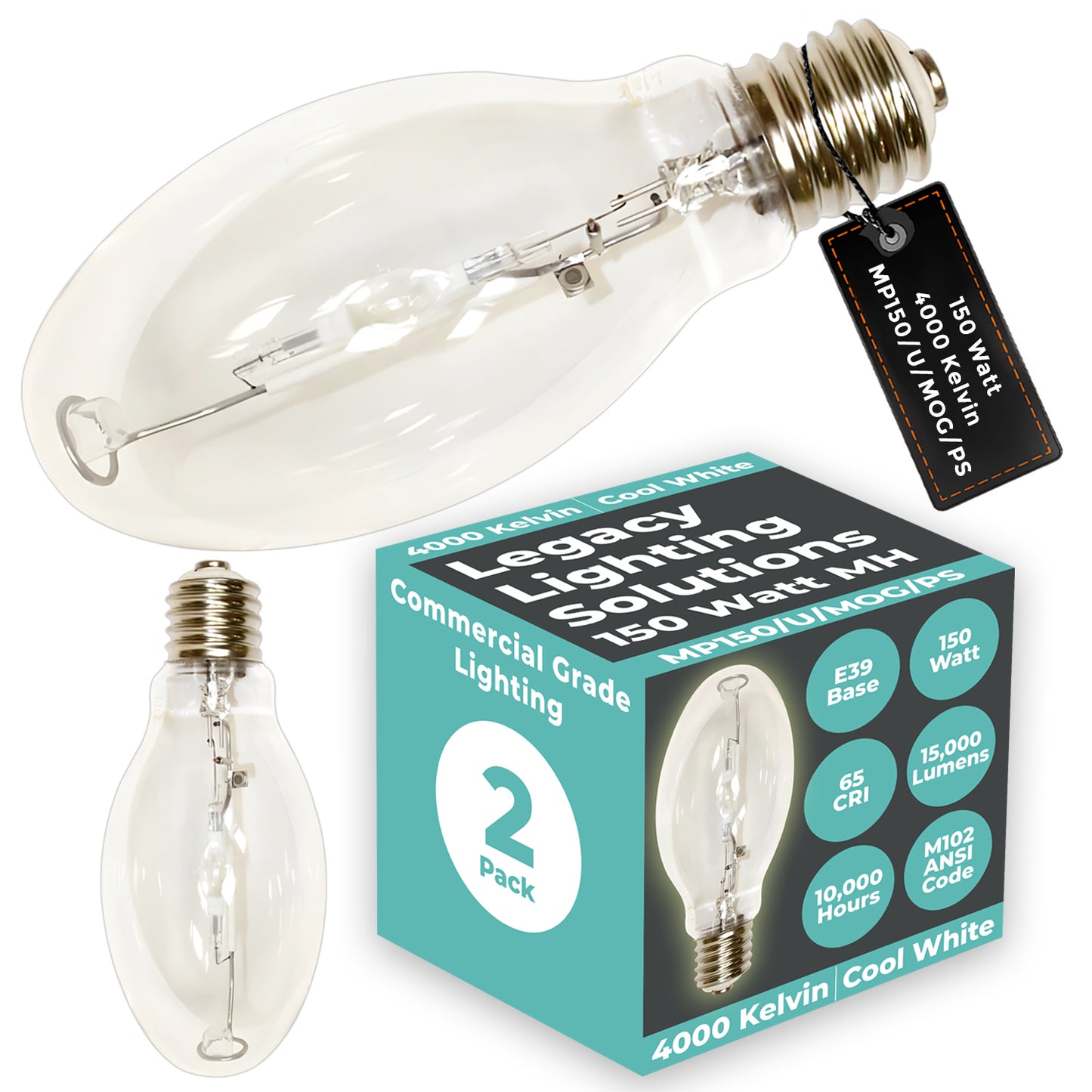 Side view of MP150/U/MOG/PS metal halide bulb showing ED17 clear glass and mogul screw base design