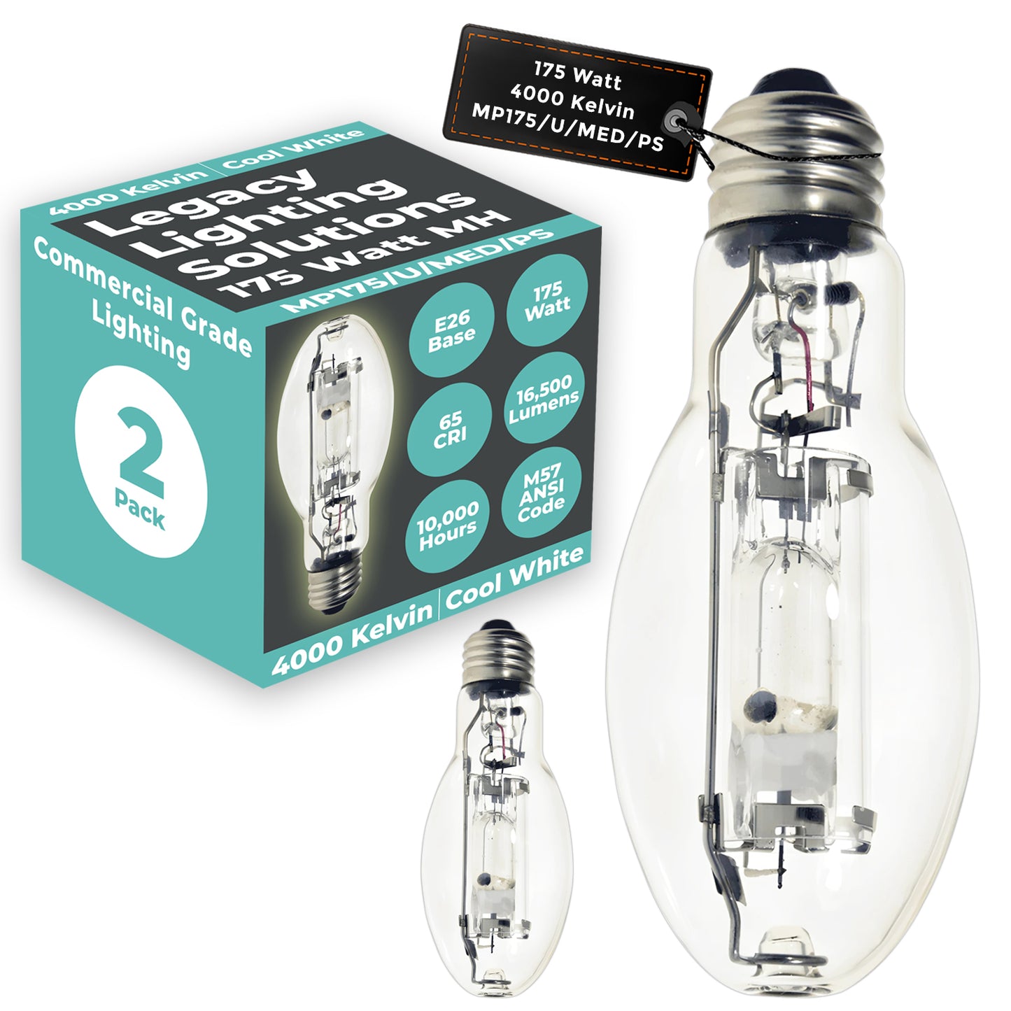 175 Watt Metal Halide HID Light Bulb - E26 Medium Base - Clear - 4000K Cool White - 16,500 Lumens - 15,000 Hours