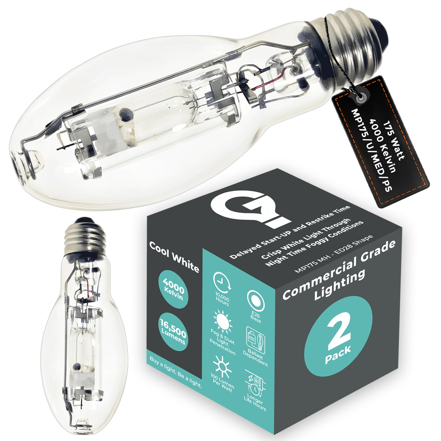 Side view of MP175/U/MED/PS metal halide bulb showing clear ED17 glass and medium screw base