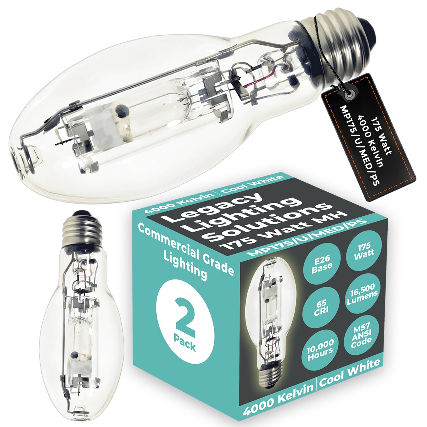 Side view of MP175/U/MED/PS metal halide bulb showing clear ED17 glass and medium screw base