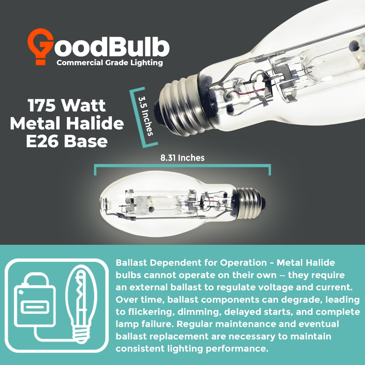 MP175/U/MED/PS metal halide lamp dimensions diagram with length and diameter specifications