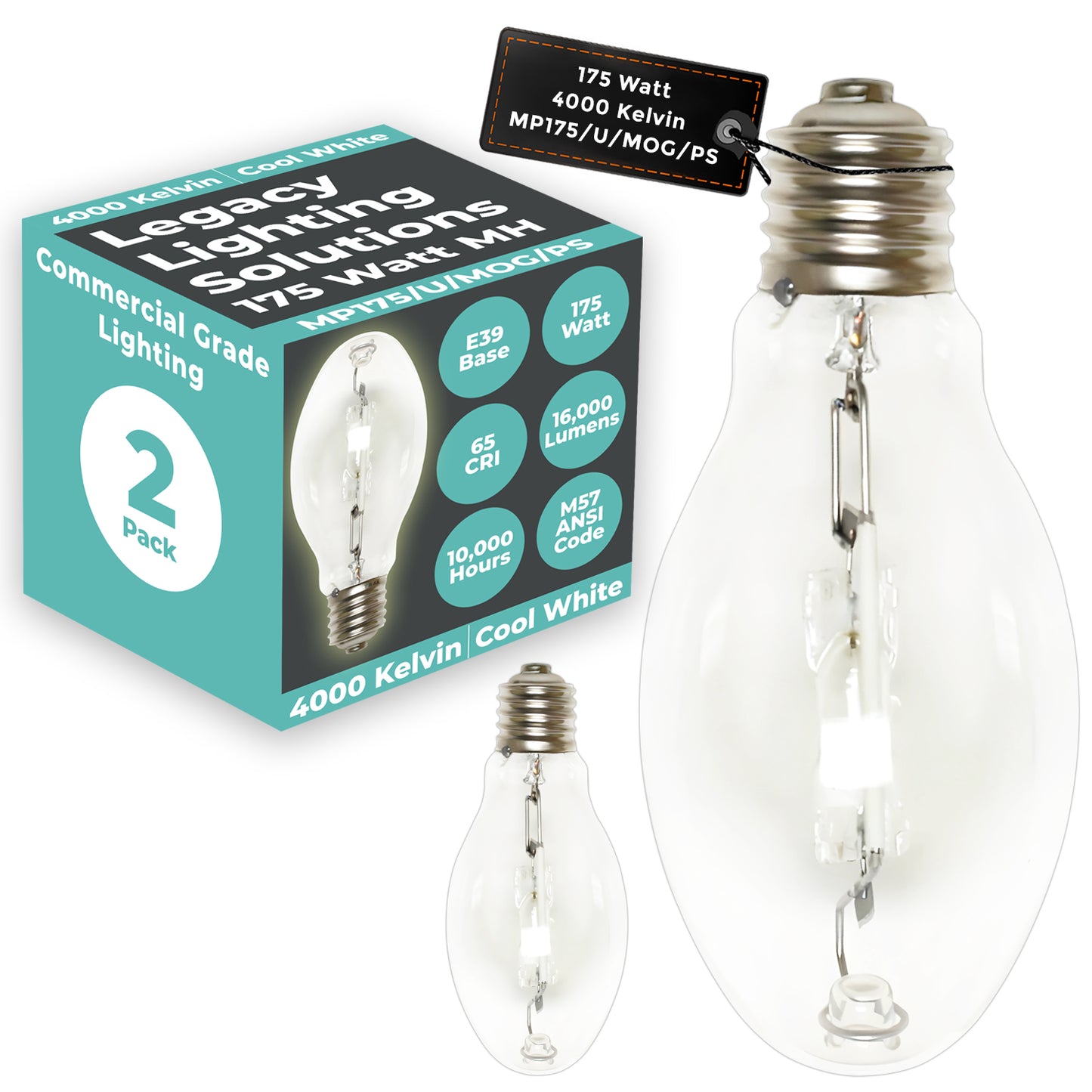 175 Watt Metal Halide HID Light Bulb - E39 Mogul Base - Clear - 4000K Cool White - 16,000 Lumens - 15,000 Hours