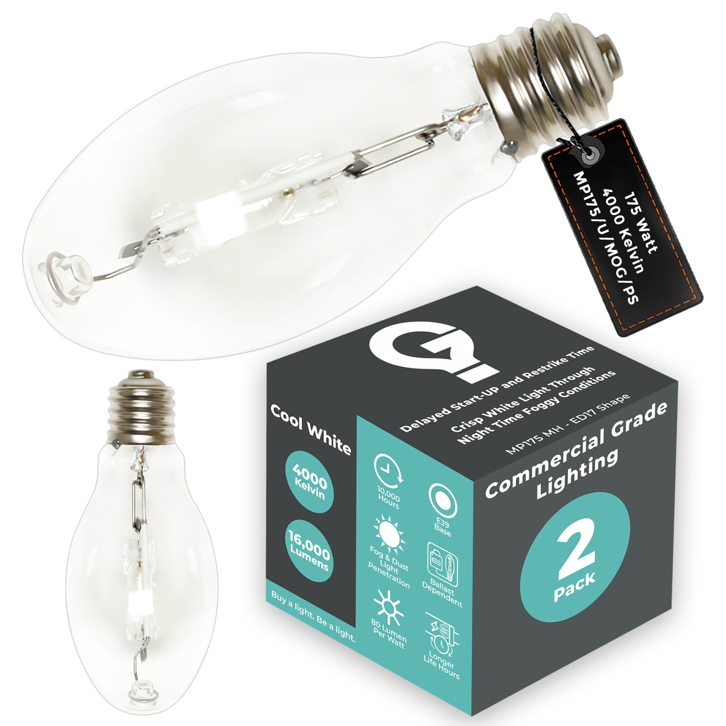 Side profile of MP175/U/MOG/PS metal halide bulb showing ED17 clear glass and mogul screw base design