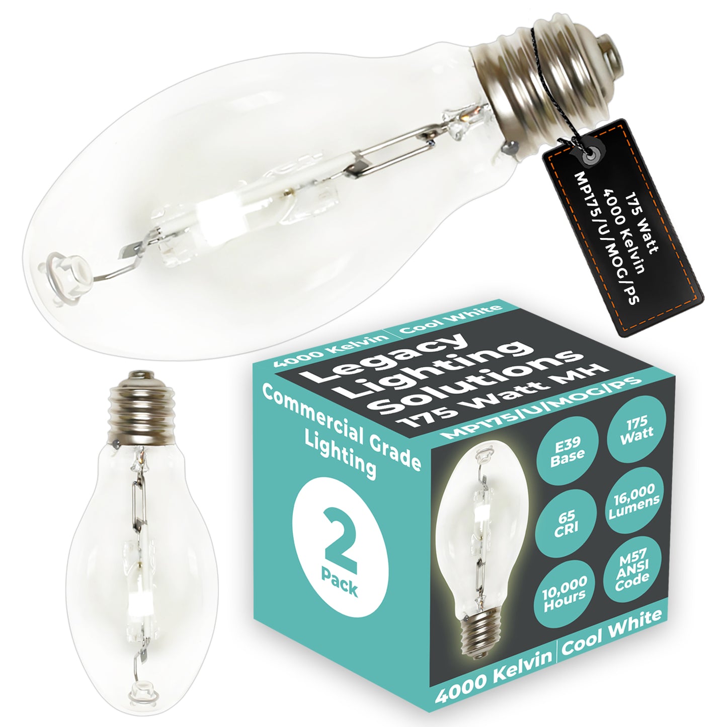Side profile of MP175/U/MOG/PS metal halide bulb showing ED17 clear glass and mogul screw base design