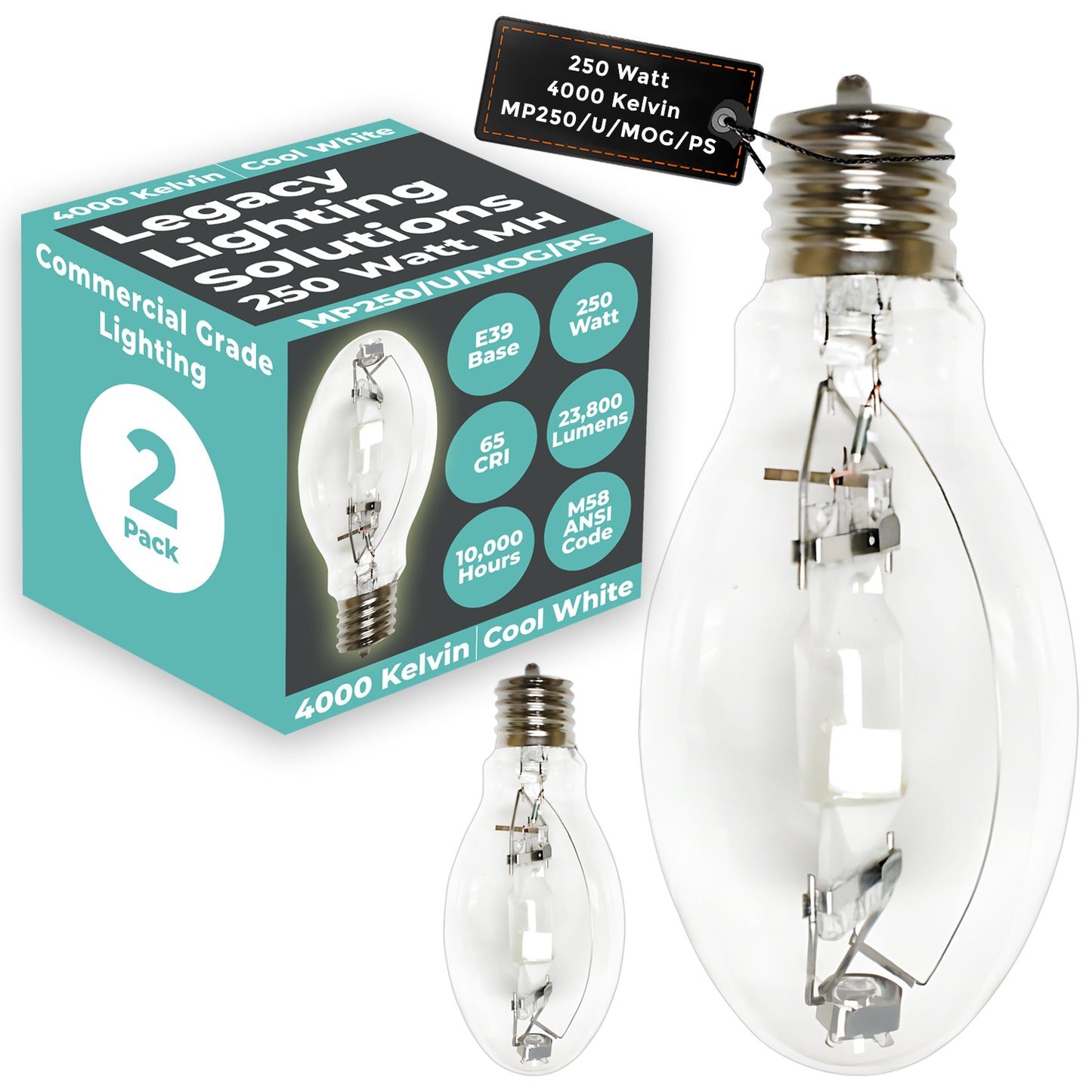 250 Watt Metal Halide HID Light Bulb - E39 Mogul Base - Clear - 4000K Cool White - 24,000 Lumens - 15,000 Hours