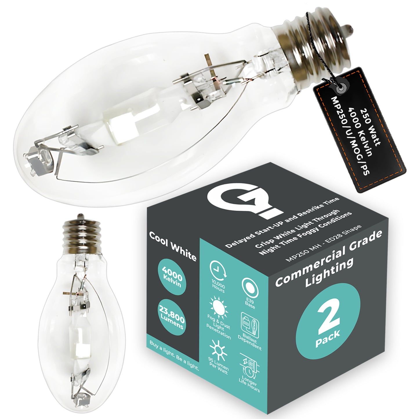Side view of MP250/U/MOG/PS metal halide bulb showing clear ED28 glass and mogul screw base