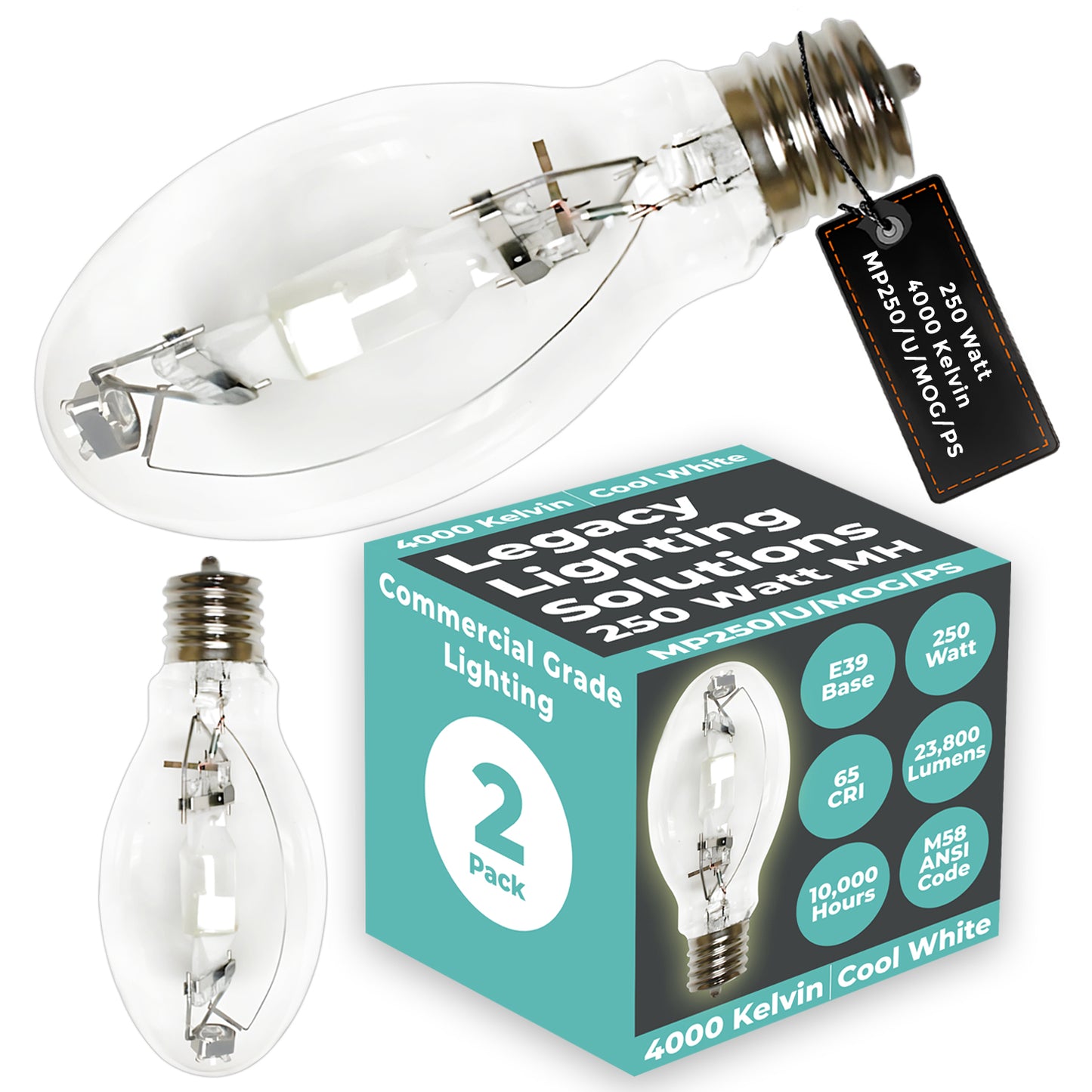 Side view of MP250/U/MOG/PS metal halide bulb showing clear ED28 glass and mogul screw base