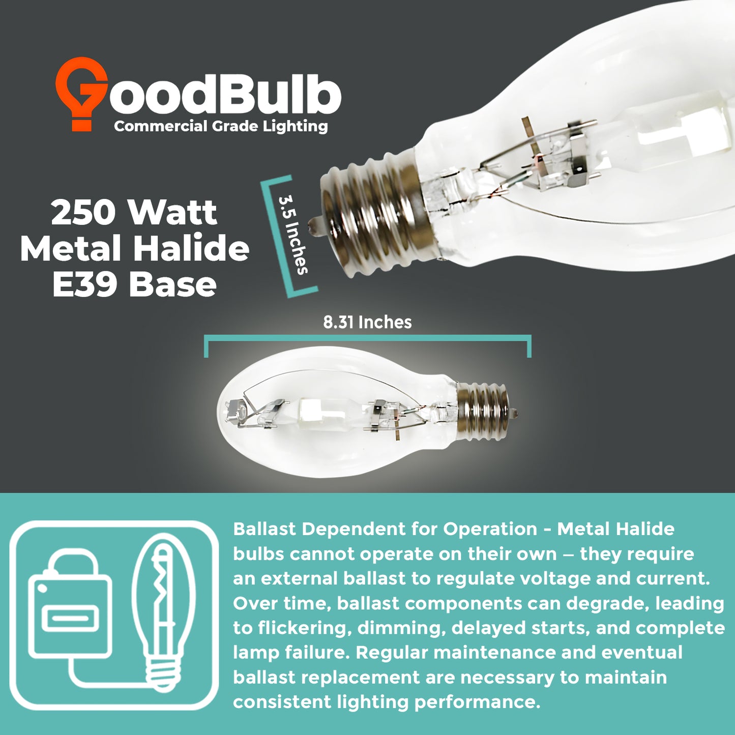 MP250/U/MOG/PS metal halide lamp dimensions diagram with length and diameter measurements