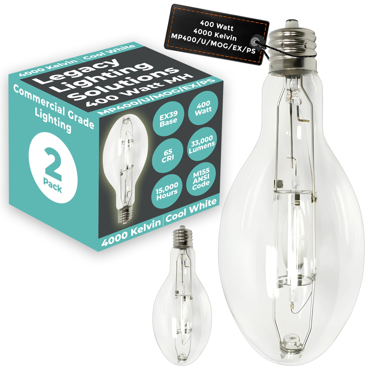 400 Watt Metal Halide HID Light Bulb - EX39 Extended-Mogul Base - Clear - 4000K Cool White - 33,000 Lumens - 15,000 Hours