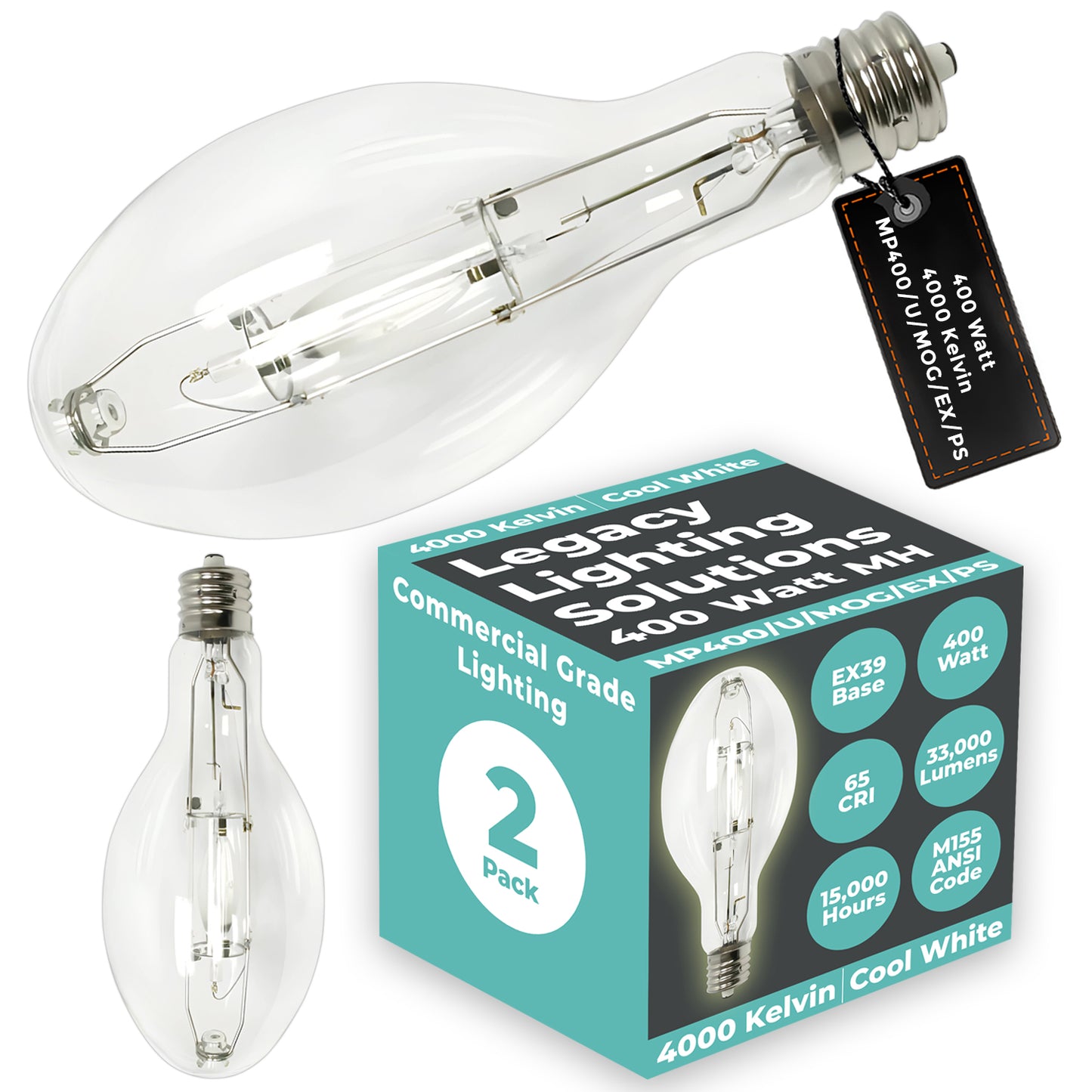 Side view of MP400/U/MOG/EX/PS enclosed-rated metal halide bulb showing ED37 clear glass and mogul screw base