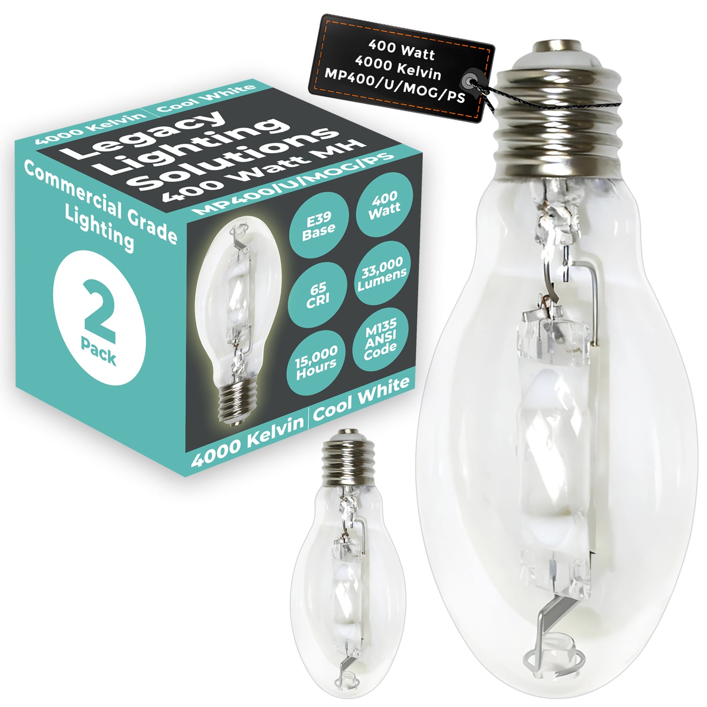 400 Watt Metal Halide HID Light Bulb - E39 Mogul Base - Clear - 4000K Cool White - 33,000 Lumens - 15,000 Hours
