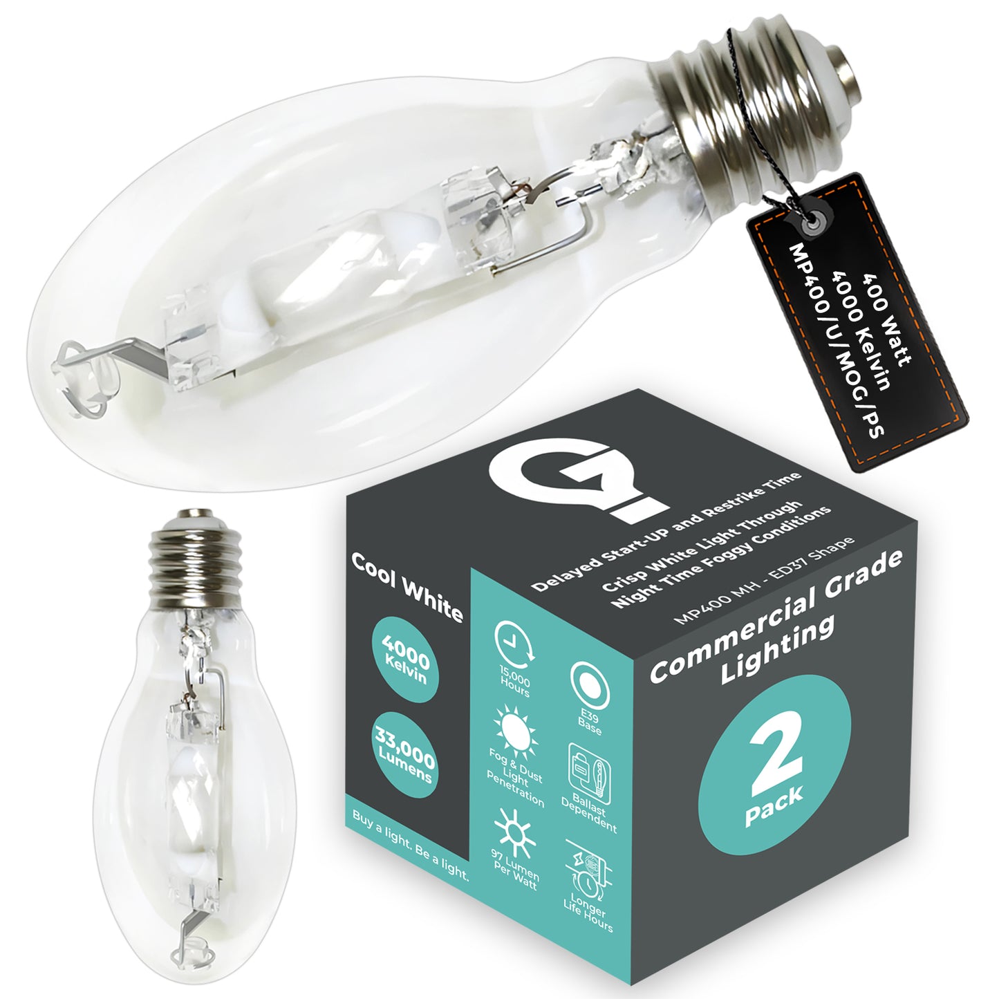 Side view of MP400/U/MOG/PS metal halide bulb showing clear ED37 glass envelope and mogul screw base