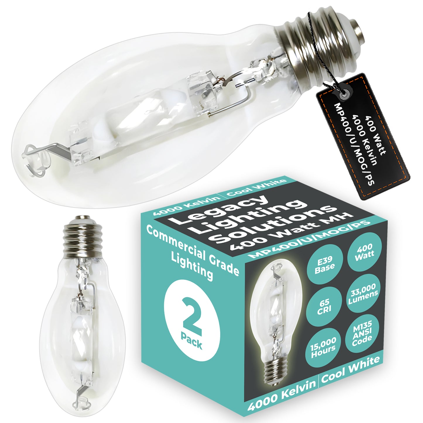 Side view of MP400/U/MOG/PS metal halide bulb showing clear ED37 glass envelope and mogul screw base