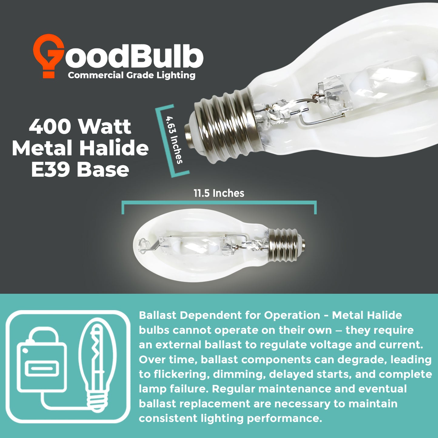 MP400/U/MOG/PS metal halide lamp dimensions diagram with length and bulb diameter measurements