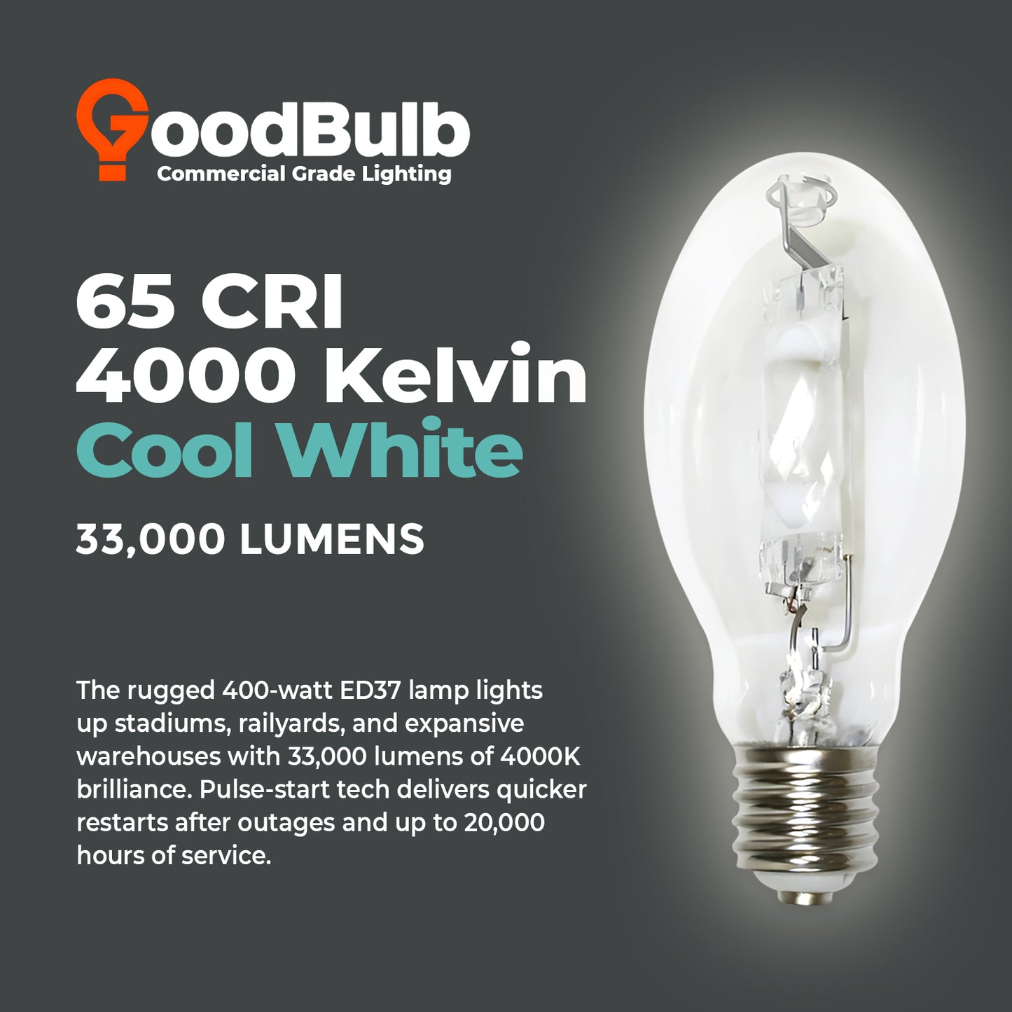 4000K bright white light color temperature of MP400/U/MOG/PS metal halide lamp for excellent visibility