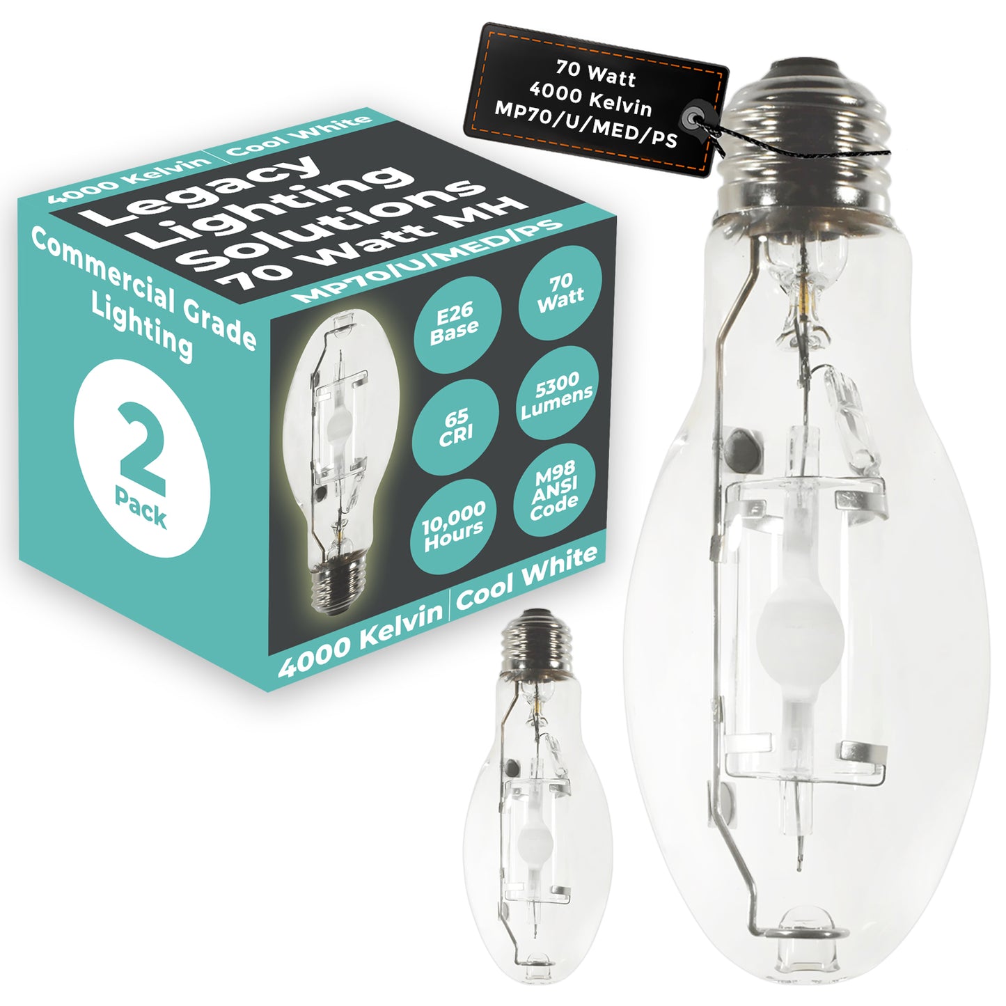 70 Watt Metal Halide HID Light Bulb - E26 Medium Base - Clear - 4000K Cool White - 5300 Lumens - 12,000 Hours