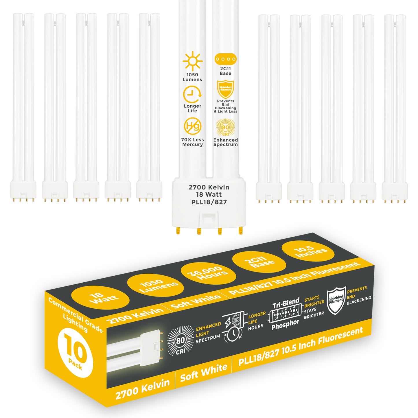 PLL18/827 - 18 Watt - 10.5 Inch Twin Tube - 4 Pin 2G11 Base - 2700K Soft White - 1050 Lumen
