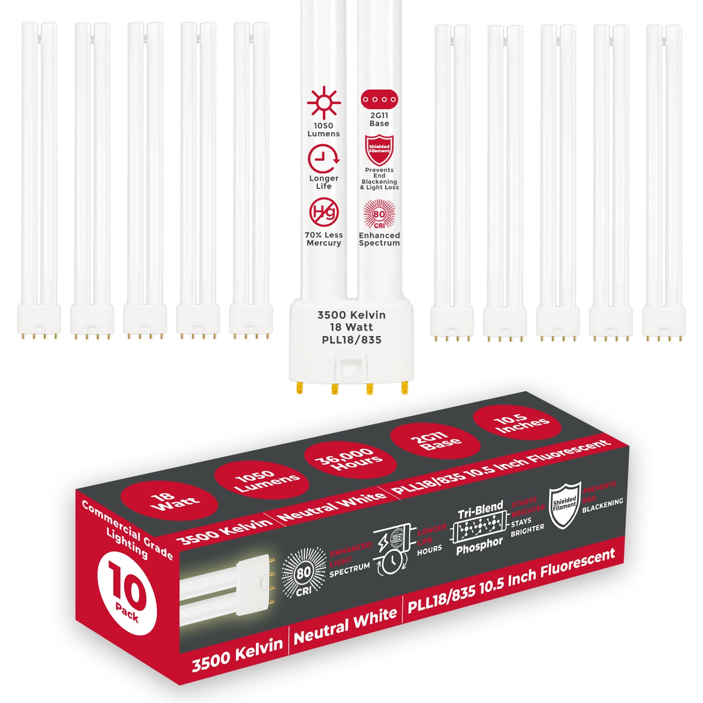 PLL18/835 - 18 Watt - 10.5 Inch Twin Tube CFL - 4-pin 2G11 Base - 3500K Neutral White 1050 Lumen - 36,000 Life Hours