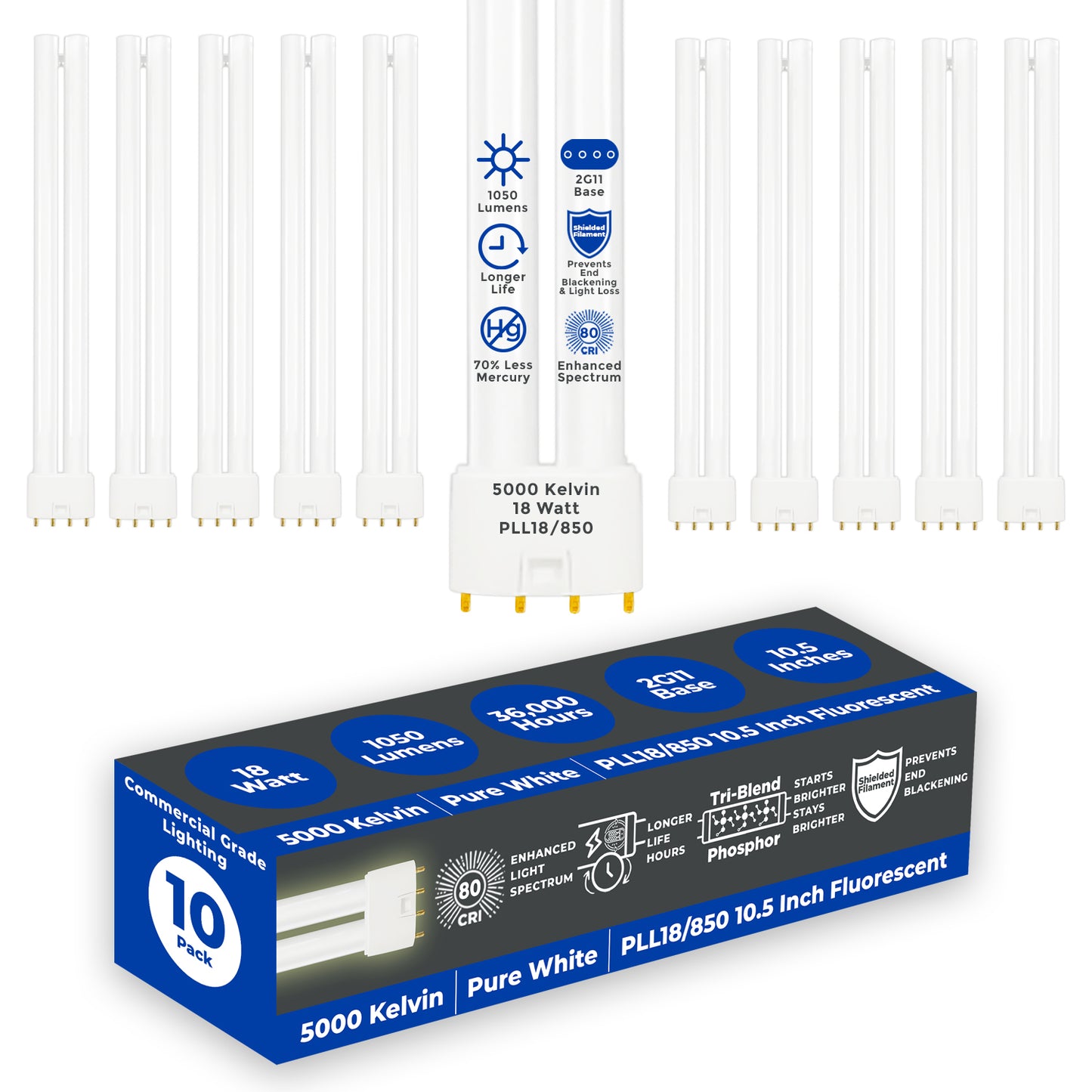 PLL18/850 - 18 Watt - 10.5 Inch Twin Tube CFL - 4-pin 2G11 Base - 5000K Pure White 1050 Lumen - 36,000 Life Hours