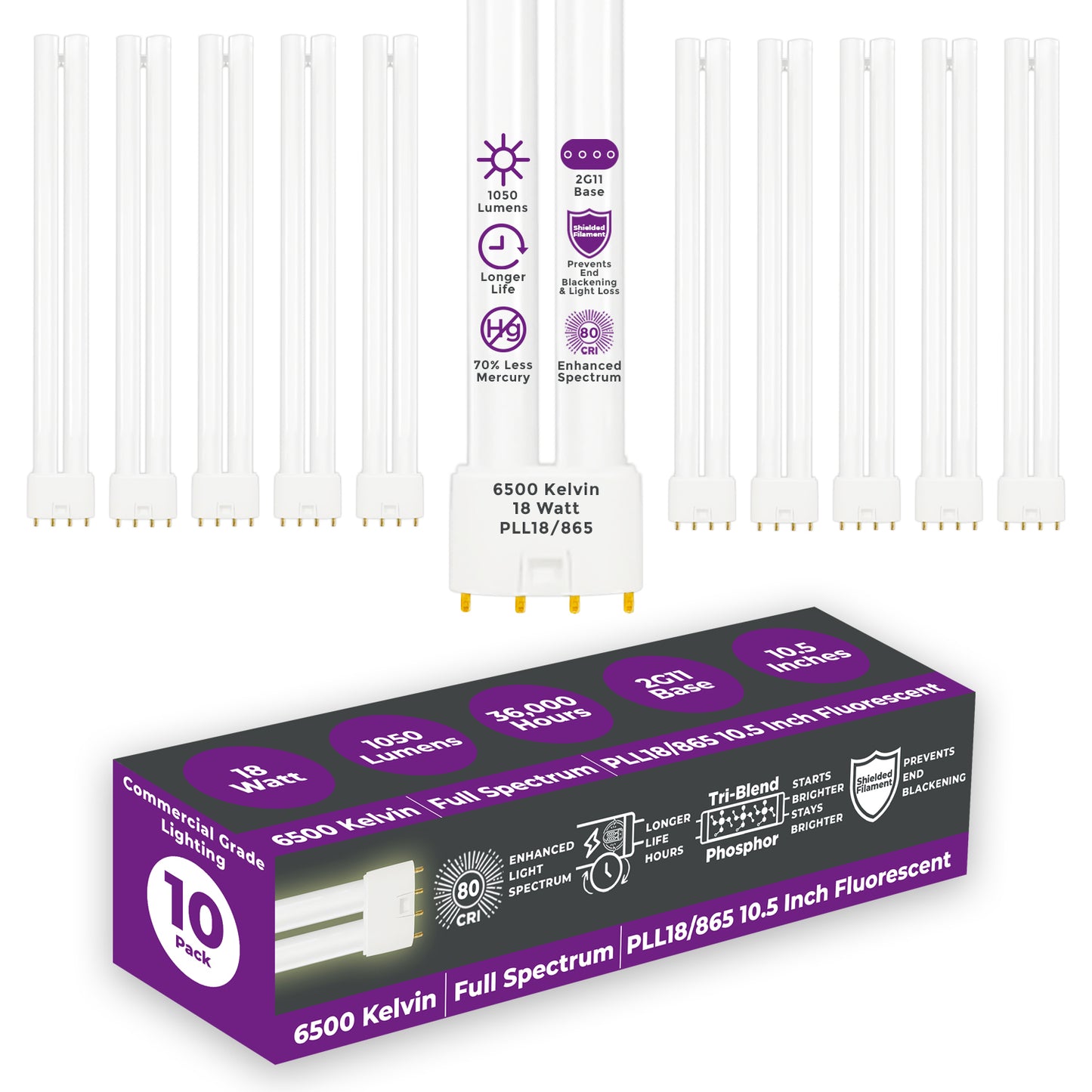 PLL18/865 - 18 Watt - 10.5 Inch Twin Tube CFL - 4-pin 2G11 Base - 6500K Full Spectrum 1050 Lumen - 36,000 Life Hours