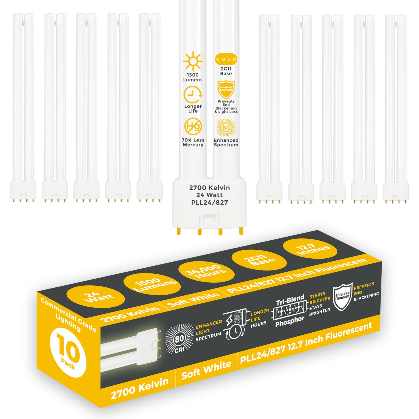 PLL24/827 - 24 Watt - 12.7 Inch Twin Tube CFL - 4-pin 2G11 Base - 2700K Soft White 1500 Lumen - 36,000 Life Hours