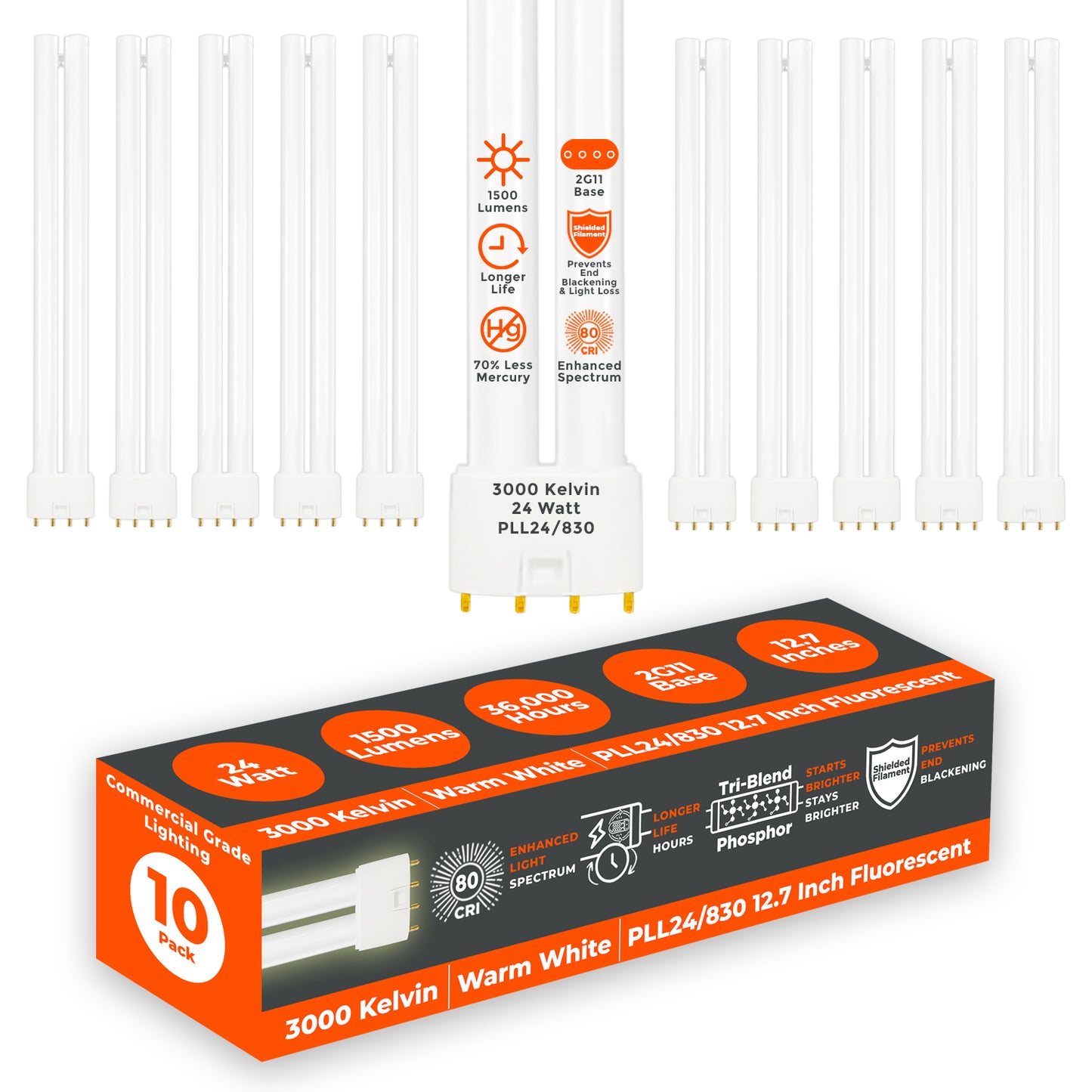 PLL24/830 - 24 Watt - 12.7 Inch Twin Tube CFL - 4-pin 2G11 Base - 3000K Warm White 1500 Lumen - 36,000 Life Hours