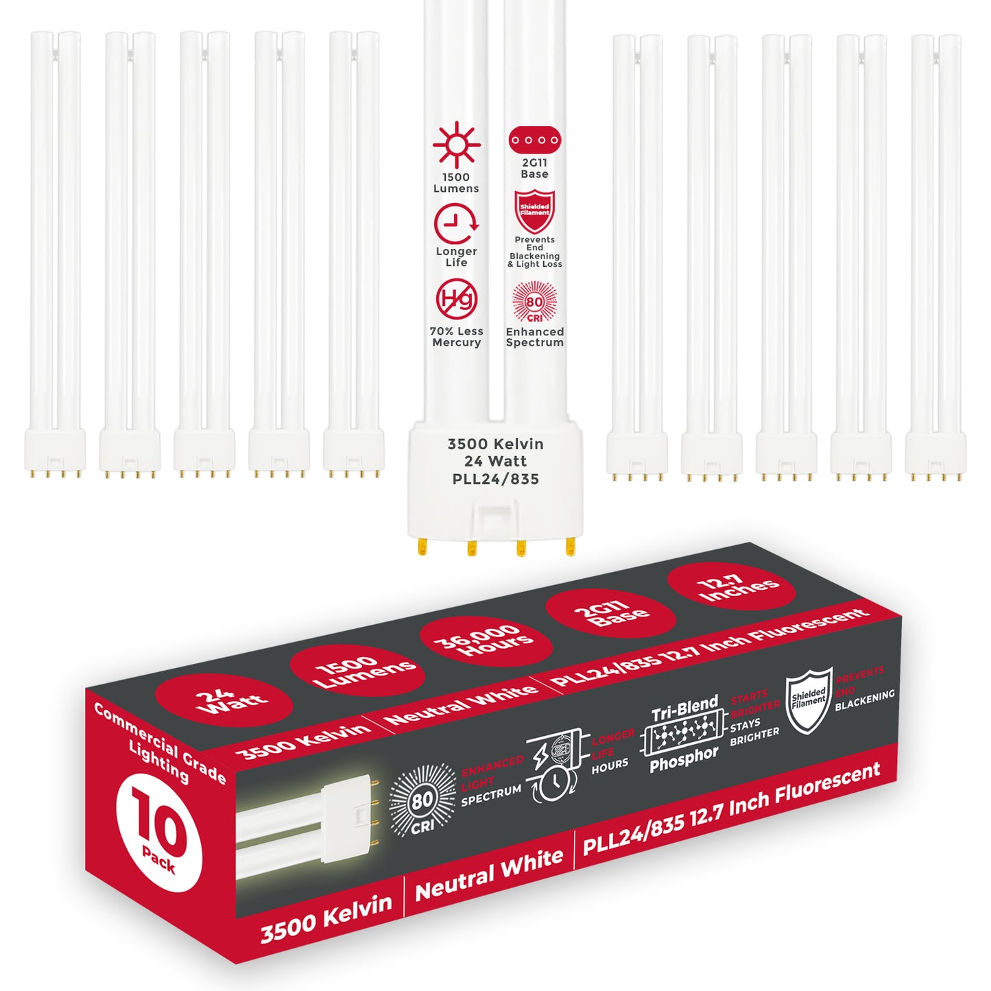 PLL24/835 - 24 Watt - 12.7 Inch Twin Tube CFL - 4-pin 2G11 Base - 3500K Neutrral White 1500 Lumen - 36,000 Life Hours