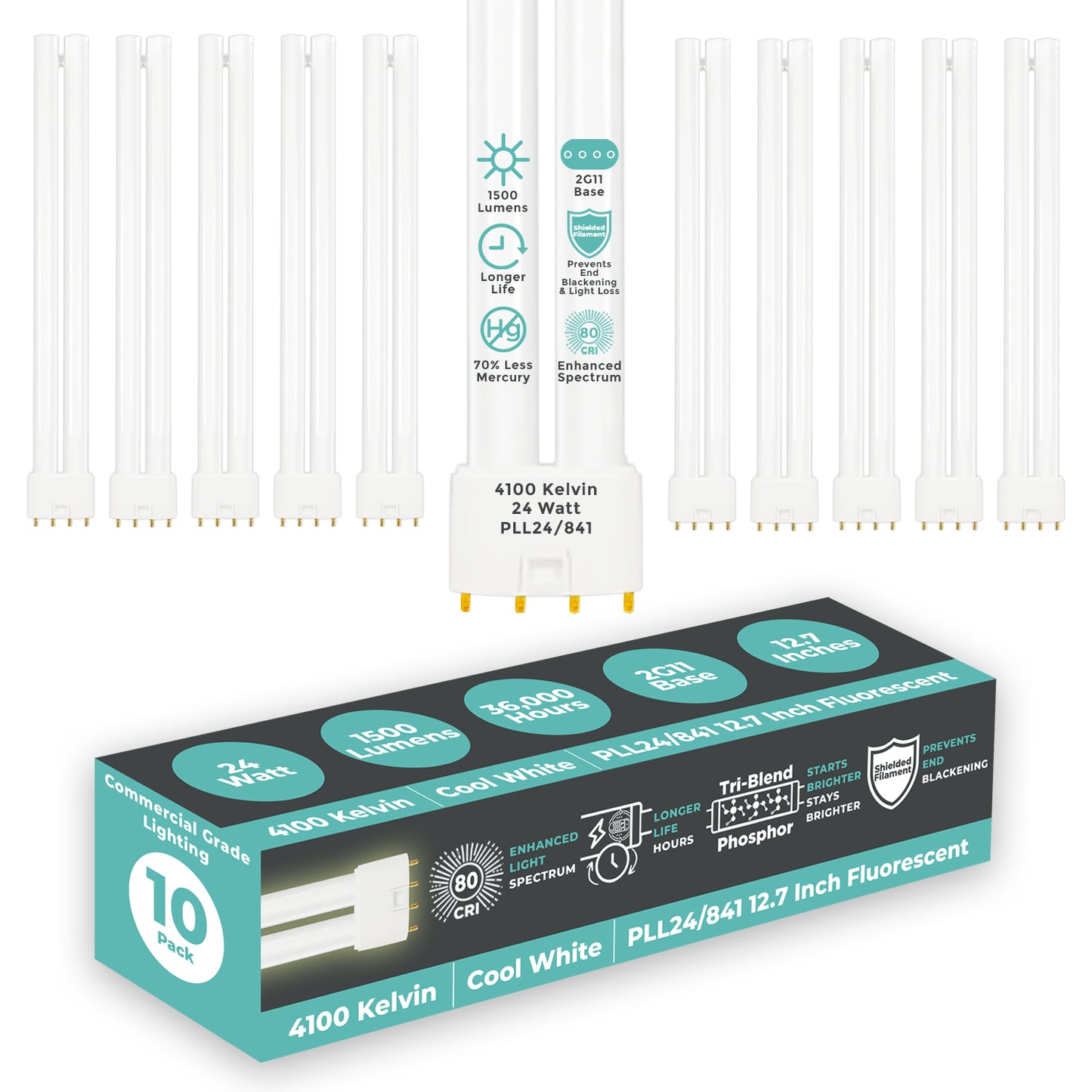 PLL24/841 - 24 Watt - 12.7 Inch Twin Tube CFL - 4-pin 2G11 Base - 4100K Cool White 1500 Lumen - 36,000 Life Hours