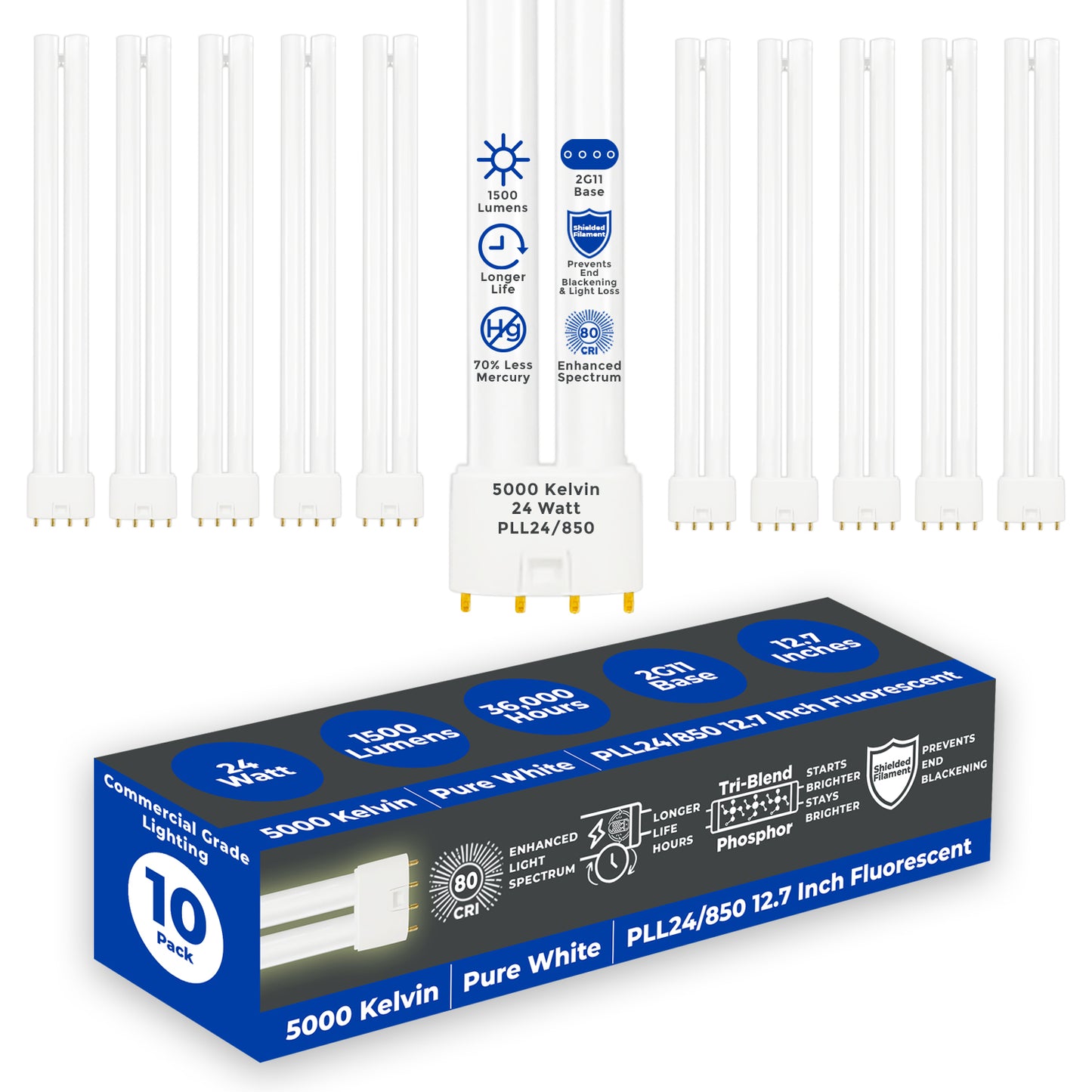 PLL24/850 - 24 Watt - 12.7 Inch Twin Tube CFL - 4-pin 2G11 Base - 5000K Pure White 1500 Lumen - 36,000 Life Hours