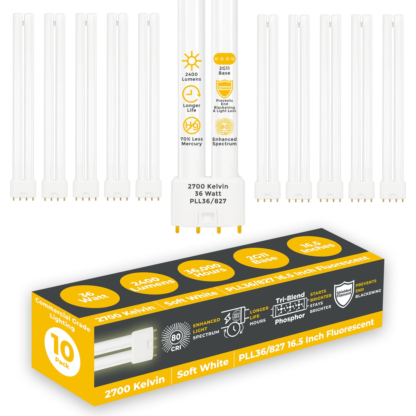 PLL36/827 - 36 Watt - 16.5 Inch Twin Tube CFL - 4-pin 2G11 Base - 2700K Soft White 2400 Lumen - 36,000 Life Hours