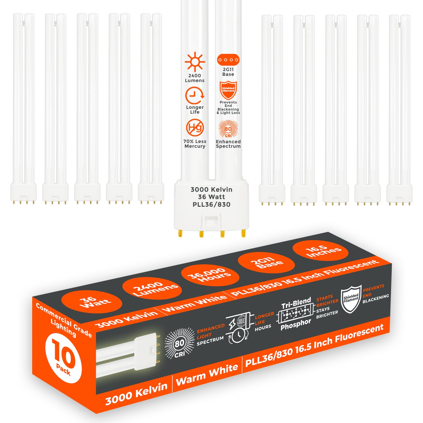 PLL36/830 - 36 Watt - 16.5 Inch Twin Tube CFL - 4-pin 2G11 Base - 3000K Warm White 2400 Lumen - 36,000 Life Hours.